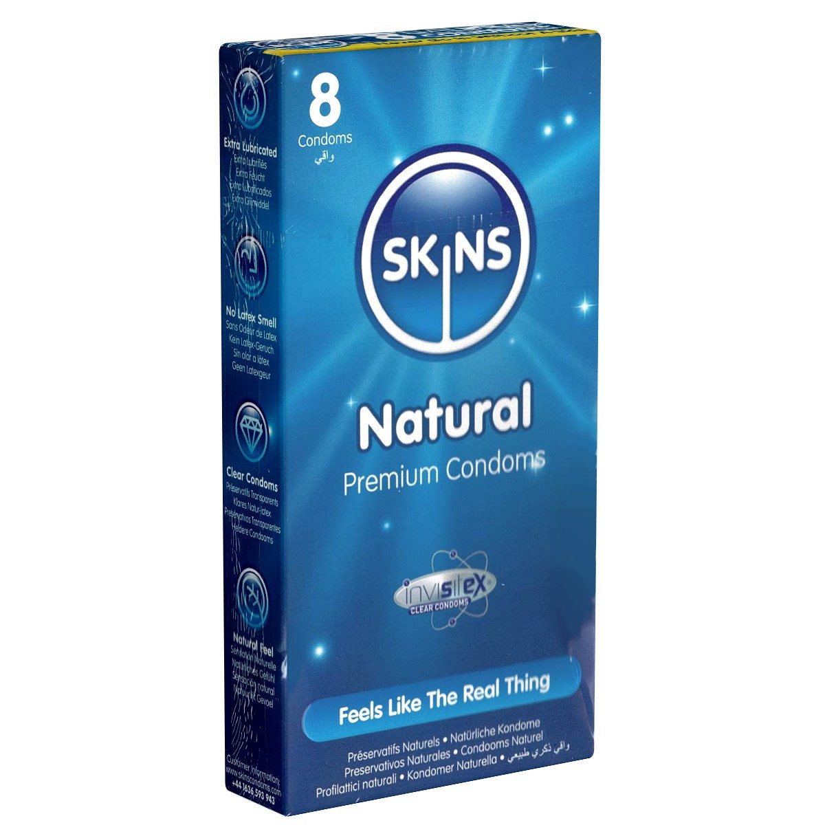 SKINS Condoms Kondome Natural, samtweiche Oberfläche, fühlt sich an wie "echt", Packung mit, 8 St., natürliche Kondome mit Vanille-Duft, durchsichtiges Latex (kristallklar), kein Latexgeruch