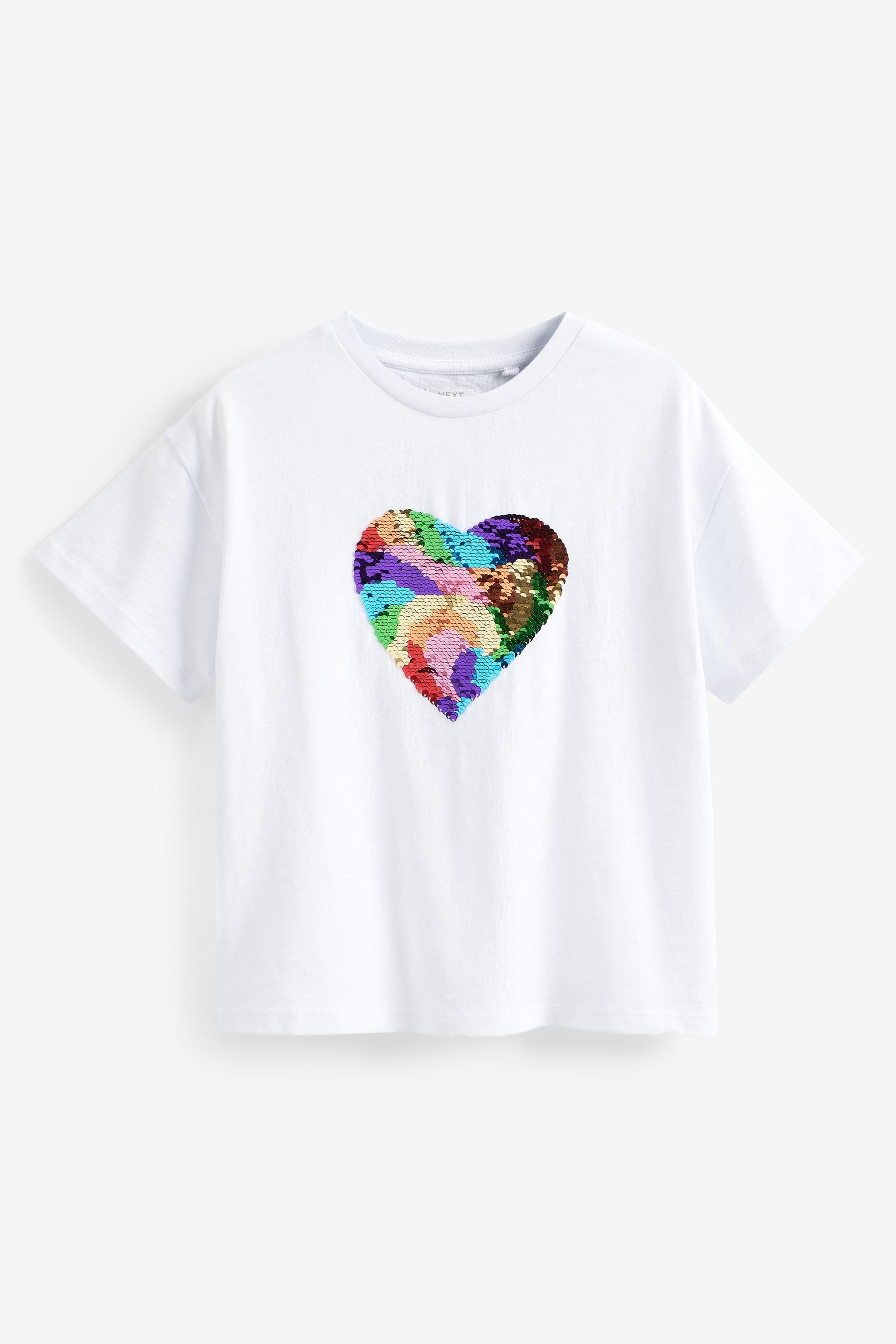 T-Shirt White glänzendem Paillettenherz T-Shirt (1-tlg) Heart mit Next Rainbow