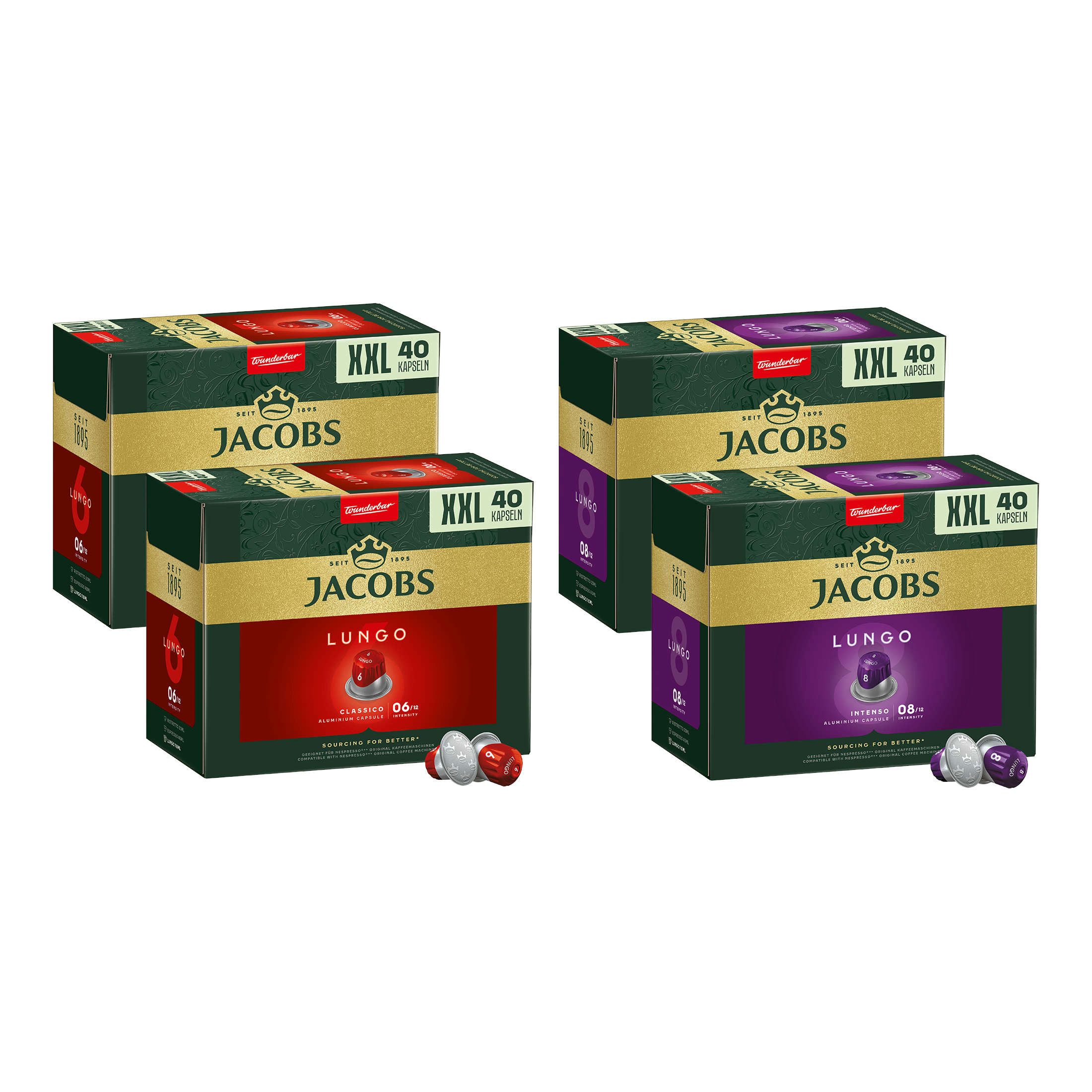 JACOBS Kaffee Lungo 6 Classico 8 Intenso XXL-Pack Nespresso®* kompatibel 160 Kapseln, 832 g, (Packung, 4er Pack)