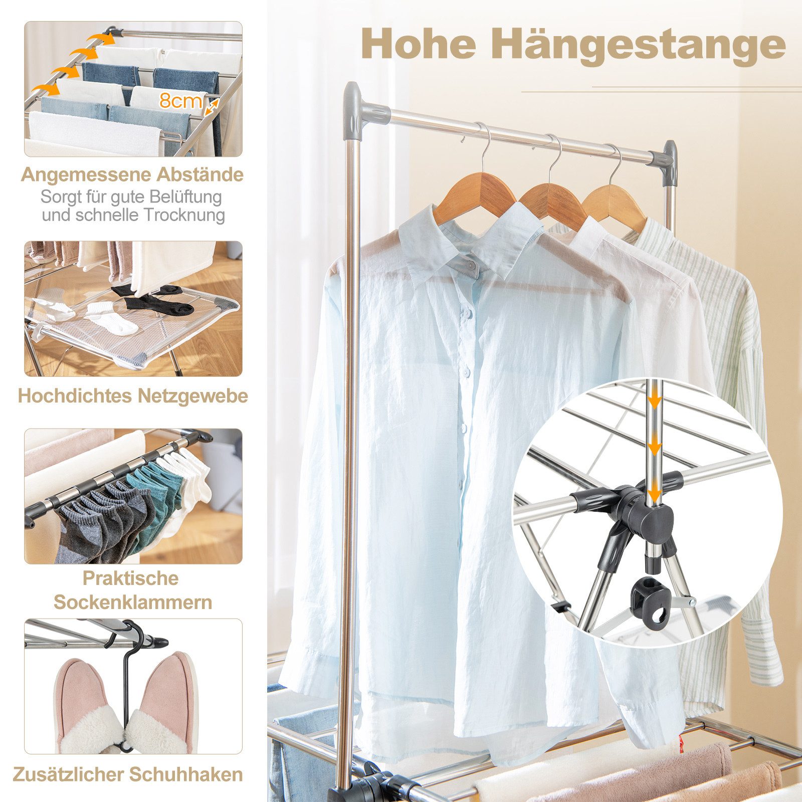 COSTWAY Flügelwäschetrockner, Wäscheständer klappbar, 2-stufig, höhenverstellbar mit Flügeln