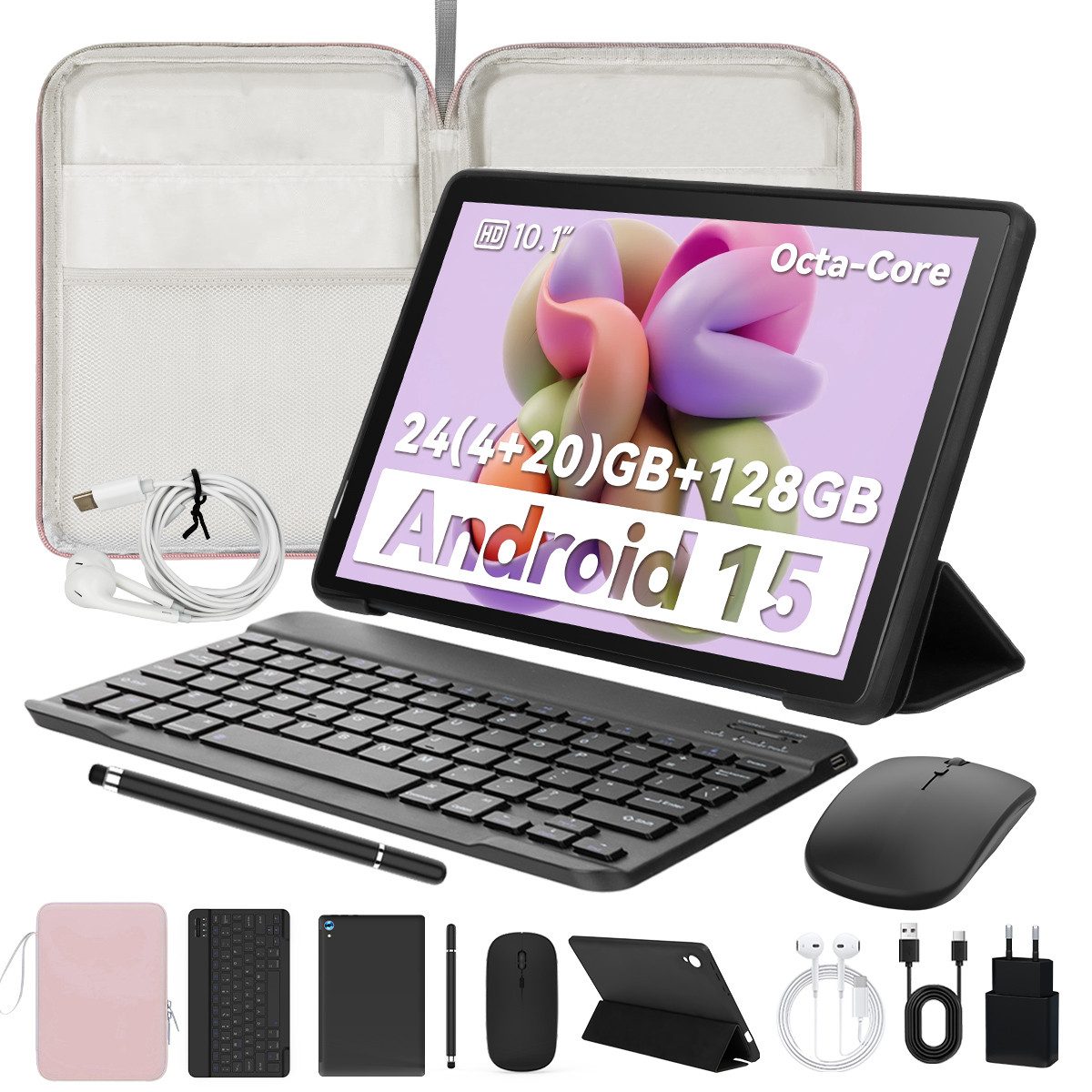 BUFO 10 Zoll Android 15, 4GB RAM 128 GB, mit Tastatur Maus Stift hülle Tablet (10", 128 GB, Android 15, mit AF und Blitz, zwei 1W-Lautsprecher + zwei Mikrofone)