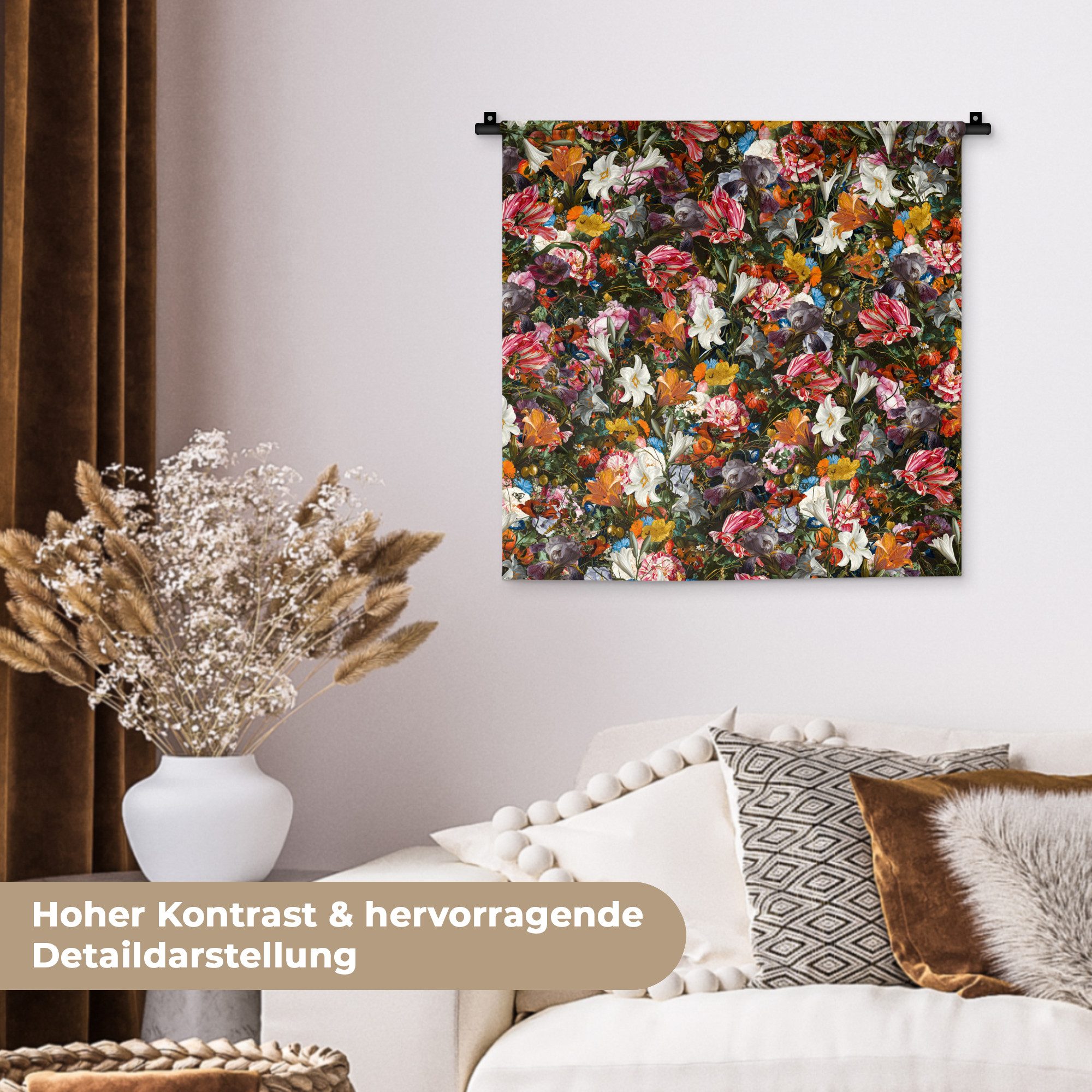 MuchoWow Wandteppich Blumen - Schmetterling - Design - Kunst - Abstrakt - Malerei - Alte Me, Quadratisch, Höhe: 3 mm, Wand Teppich, Deko für an den Wand, 60x60 cm