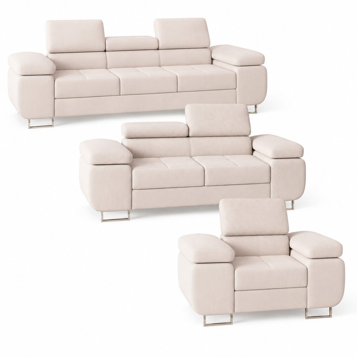 M-Punkt24 Polstergarnitur Miami, (SET 3-2-1, Samtstoff Creme), mit Bettfunktion und verstellbare Kopfstützen