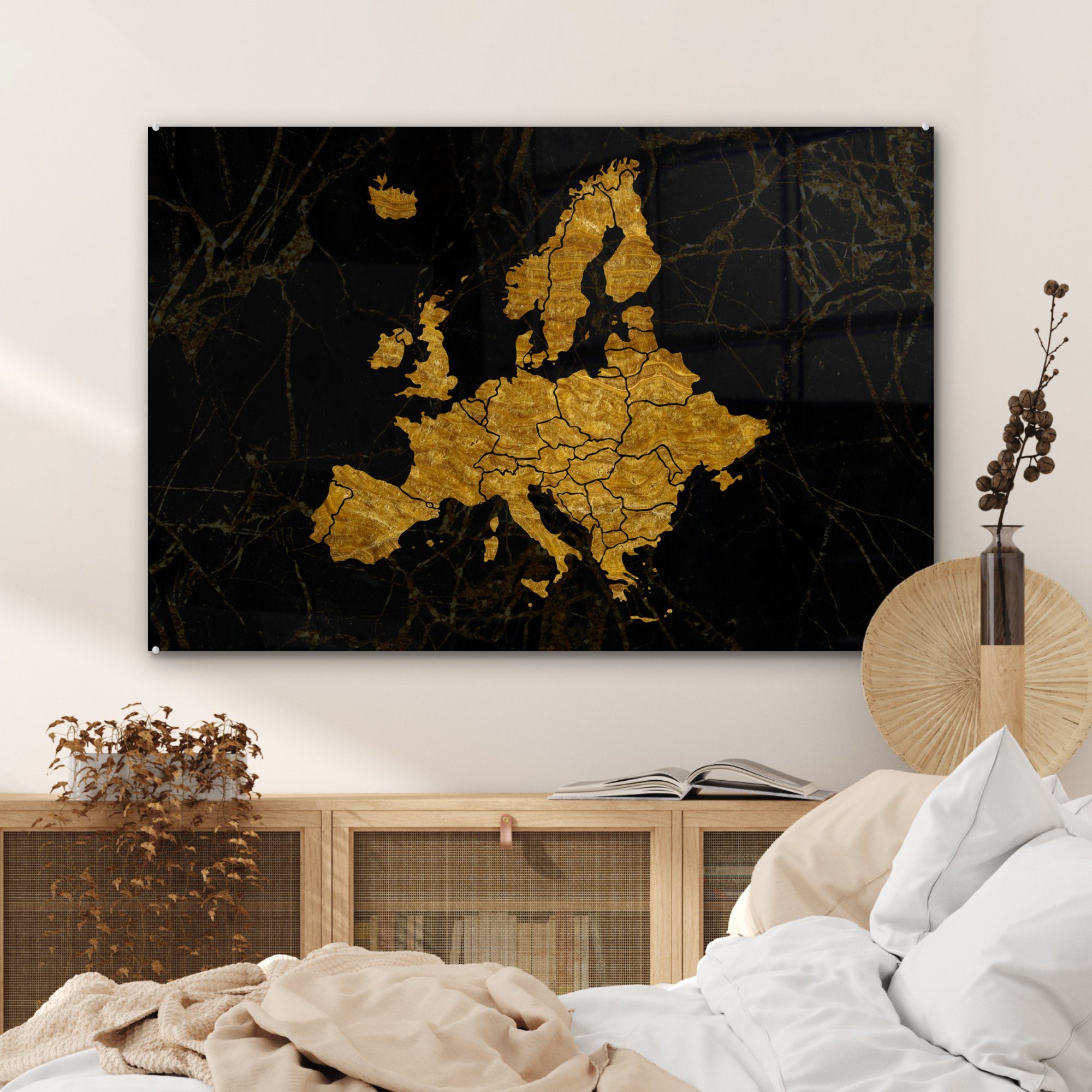 MuchoWow Acrylglasbild Karte Europa (1 Gold Schlafzimmer von - Schwarz, St), - & Acrylglasbilder Wohnzimmer