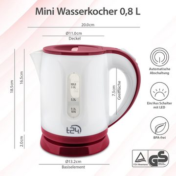 T24 Reise-Wasserkocher Wasserkocher Mini Reisewasserkocher 0,8 Liter /1100 Watt Kettle ROT, 1100 W, Kompakt und passend für Reisen