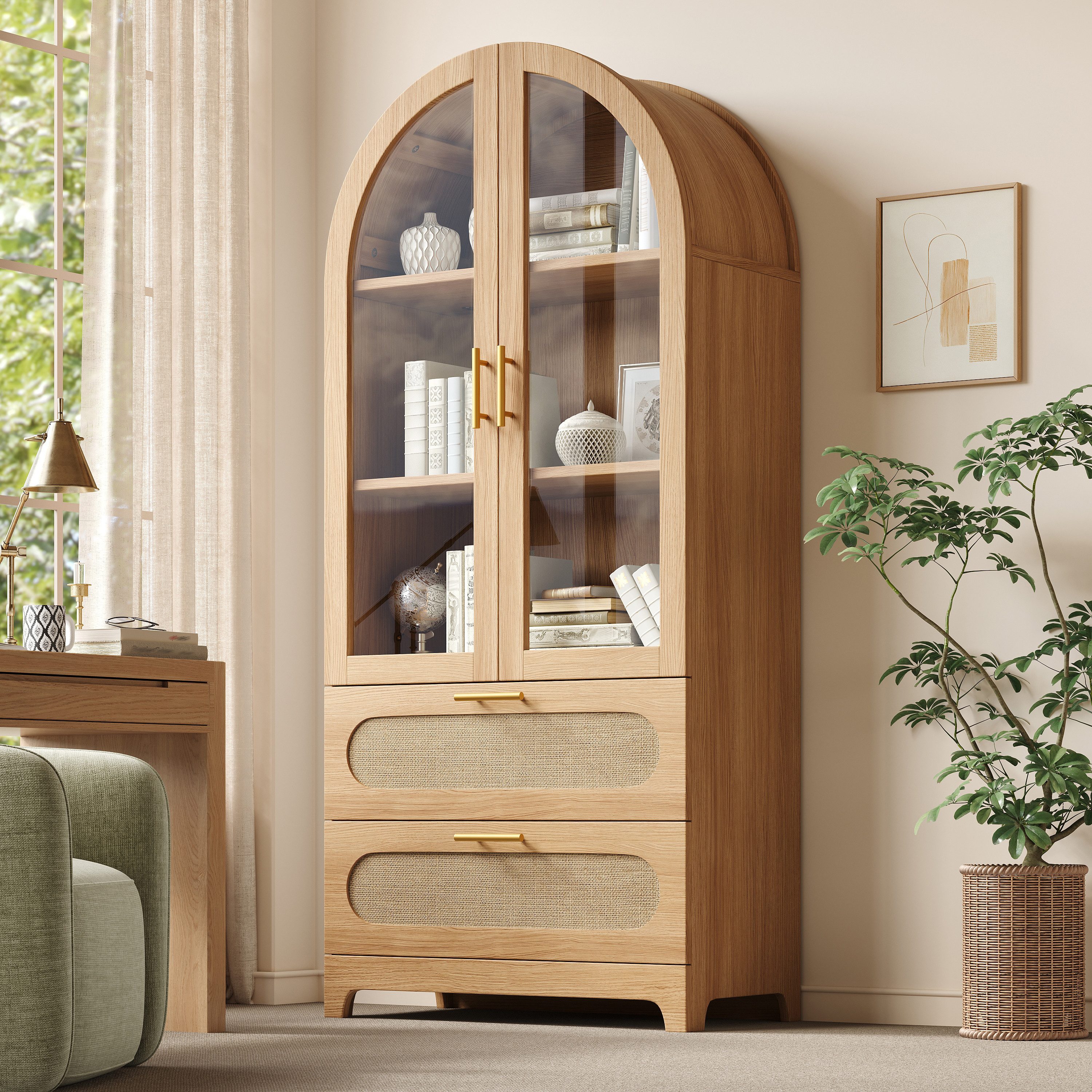 Flieks Vitrine Glasvitrine Montmartre-Bogen in Retro-Design Walnussholzfarbe/Natur (Mehrzweckschrank mit verstellbaren Einlegeböden, 1-St., H175xB80xT40cm) Hochschrank mit Glastüren und Rattan-Schubladen Bücherregal Holzoptik