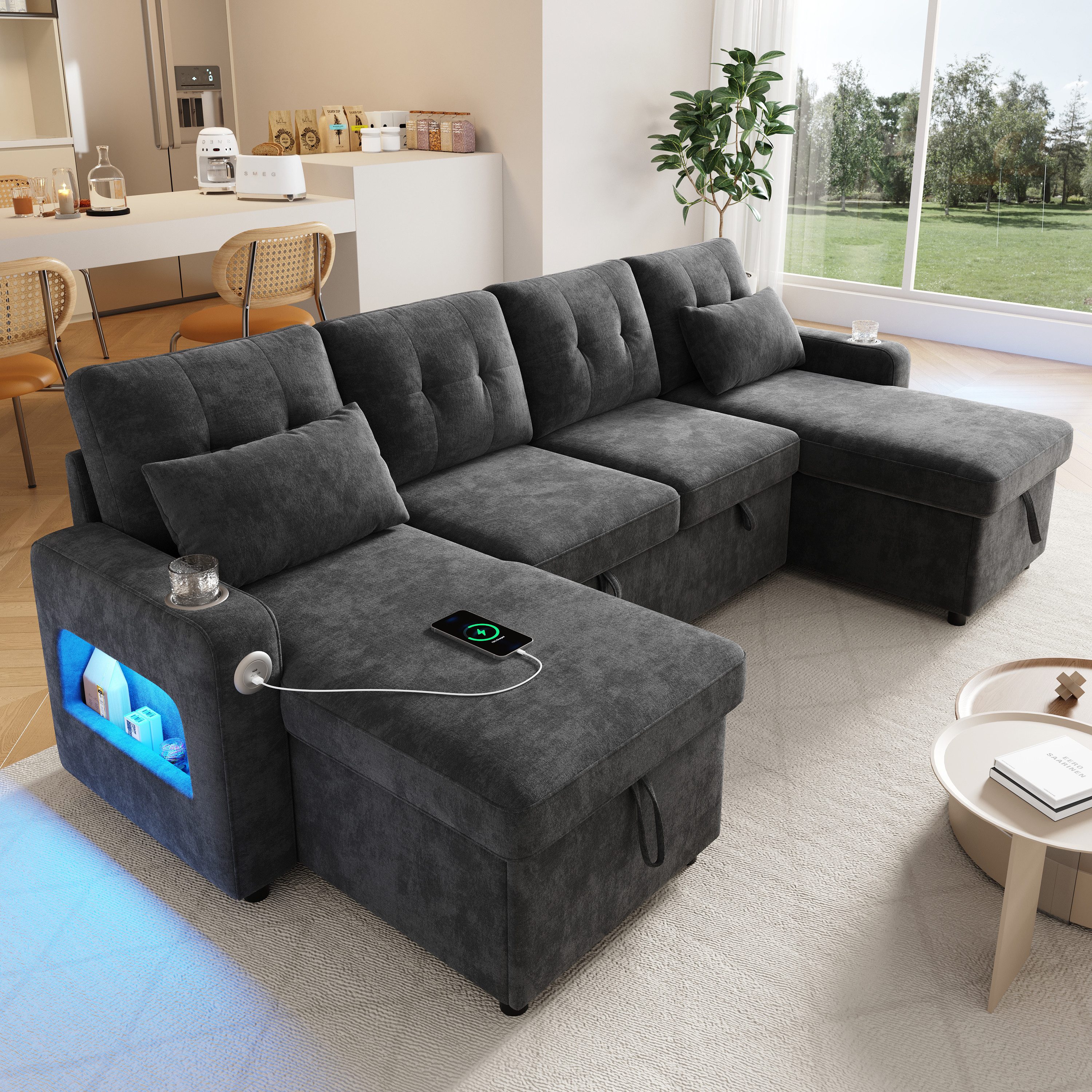Merax Ecksofa U‑förmiges Sofa mit Schlaffunktion, Ausziehbares U‑Sofa mit LED & USB, Chenille Schlafsofa Chaiselongue Sofabett für 4-5 Personen 1 Teile, Sofa mit Getränkehalter, verstecktem Stauraum & Armlehnen‑Stauraum