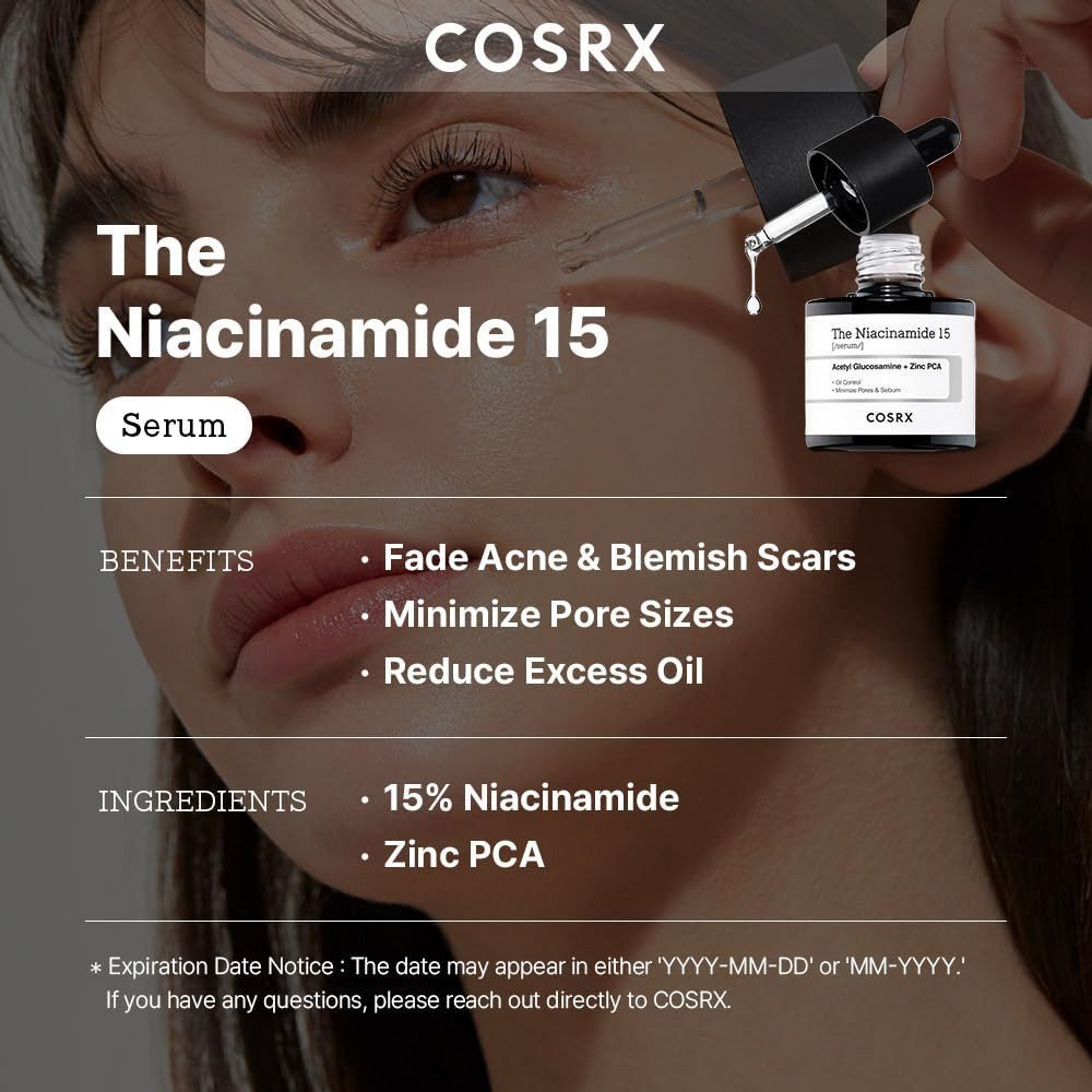 Cosrx Gesichtsserum The Niacinamide 15 Serum - Hochkonzentriertes Serum für reine ebenmäßige Haut - talgregulierend, feuchtigkeitsspendend, Hochkonzentriertes Serum, 15% Niacinamid, Porenverfeinerung