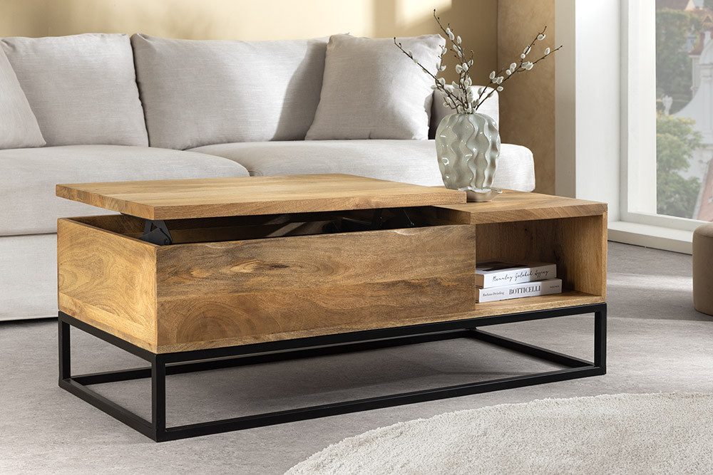 riess-ambiente Couchtisch MAKASSAR FUNCTION 110cm beige – höhenverstellbar, Massivholz, Metall (Einzelartikel, 1-St), Sofatisch mit Liftfunktion – ideal für multifunktionale Wohnzimmer