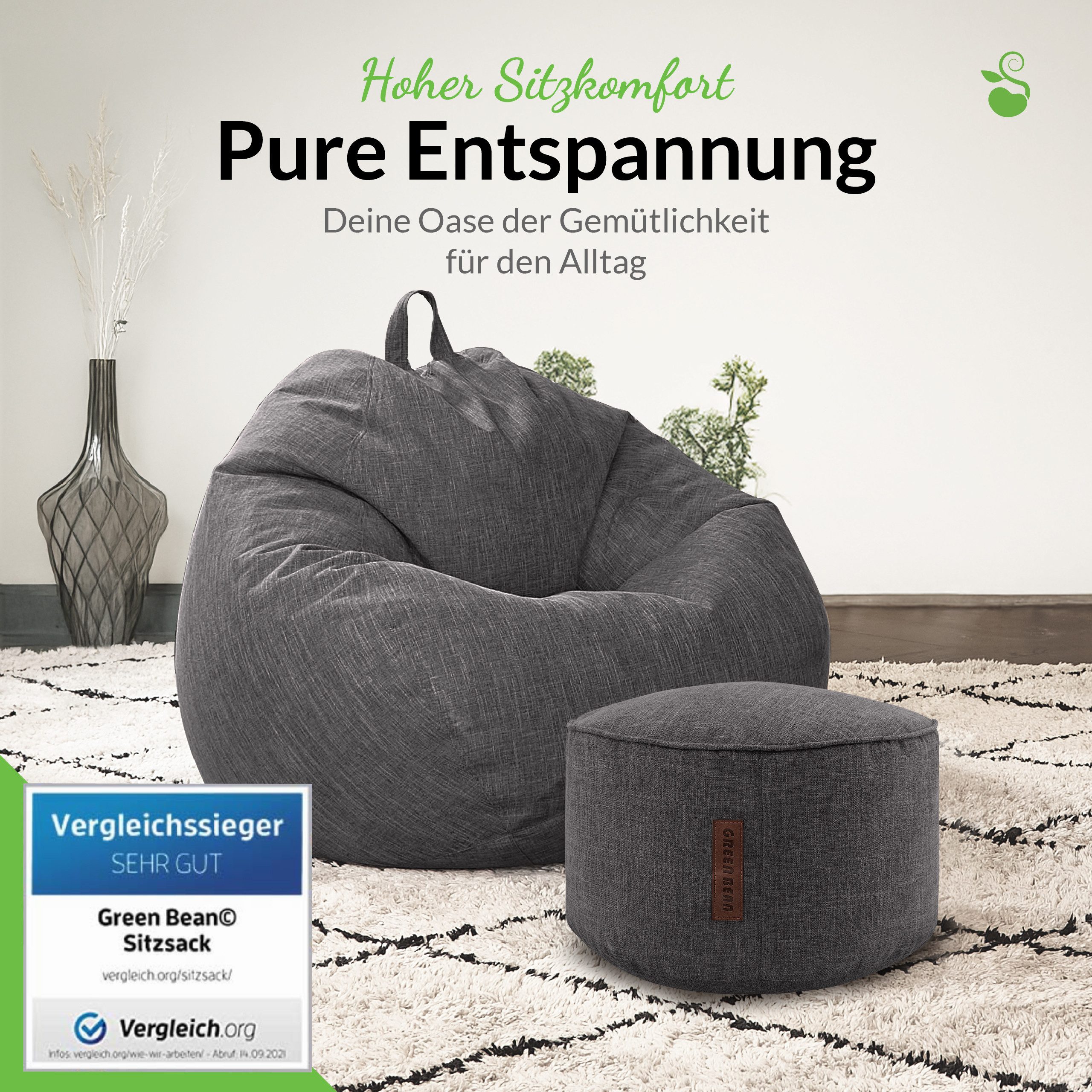 Green Bean Sitzsack Indoor Sitzsack XXL Home Linen +Hocker (2er Set Indoor Sitzsack 80x90x50cm + Sitzpouf 45x25cm mit EPS-Perlen Füllung -, Fußhocker Fußkissen  – Bild 5 von 5