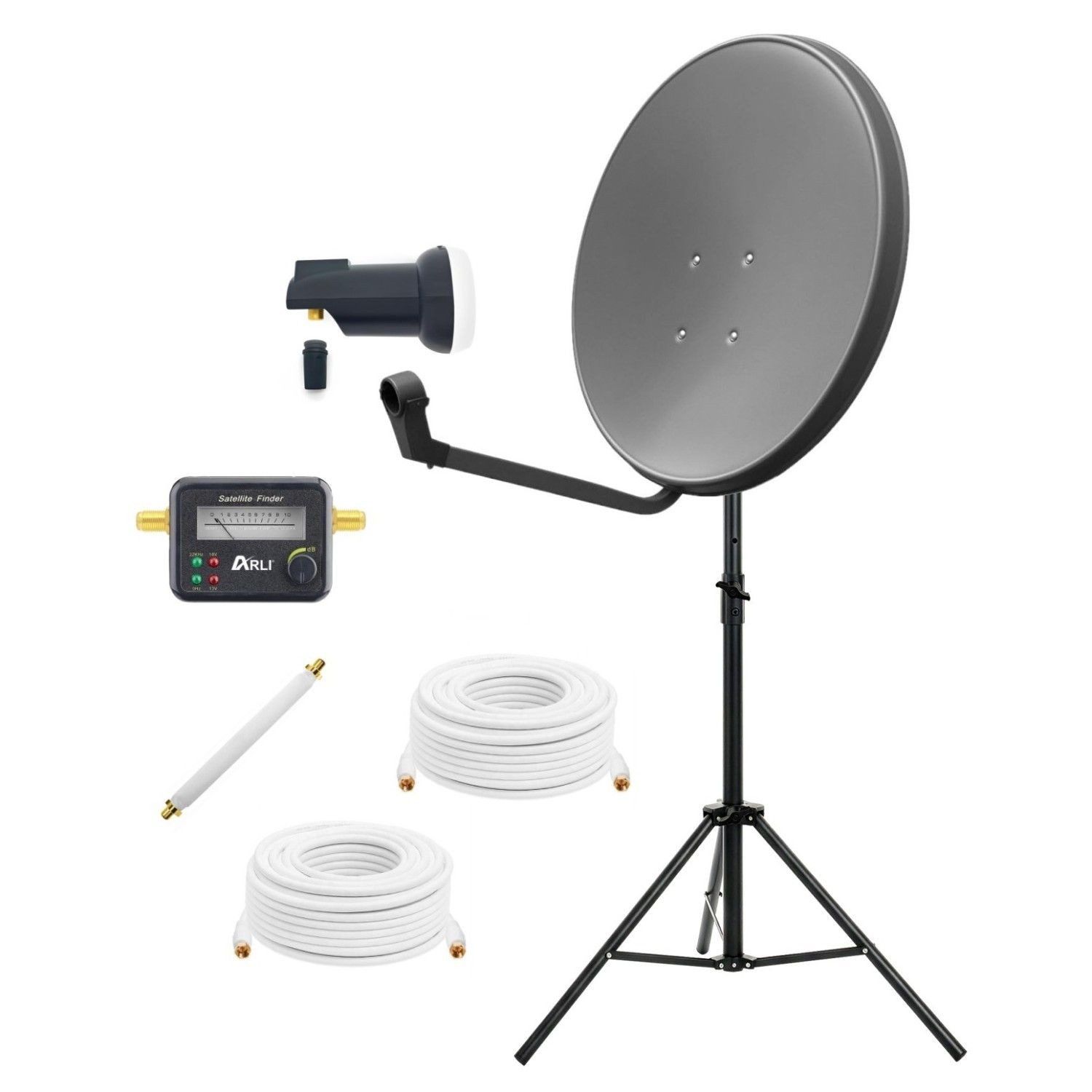 ARLI 60 cm SAT Anlage mit Single LNB Stativ Satfinder 3 m + 7 m Kabel Camping Sat-Anlage (für Balkon Garten), Fensterdurchführung Satellitenschüssel grau