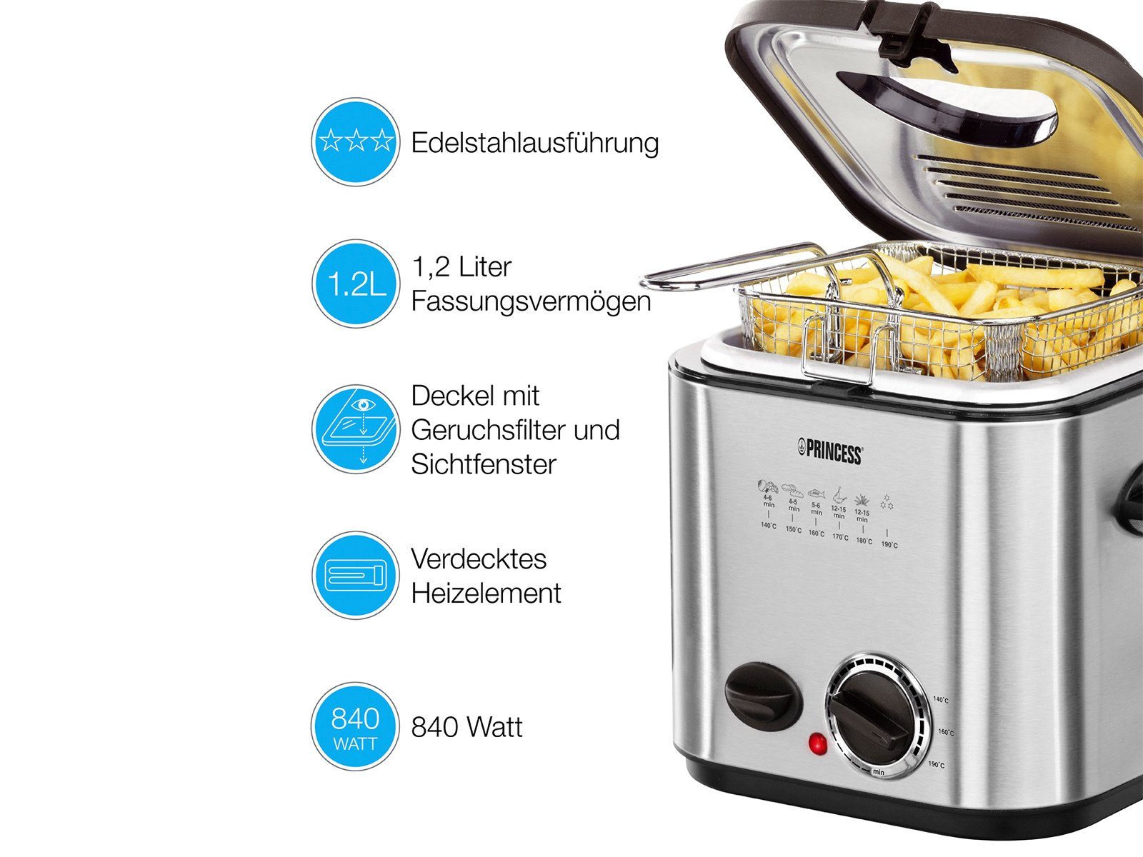 PRINCESS Fritteuse, 840 W, 2in1 Fondue-Set 6 Gabeln für Fleisch, Käse, Schokobrunnen, 1,2 Liter