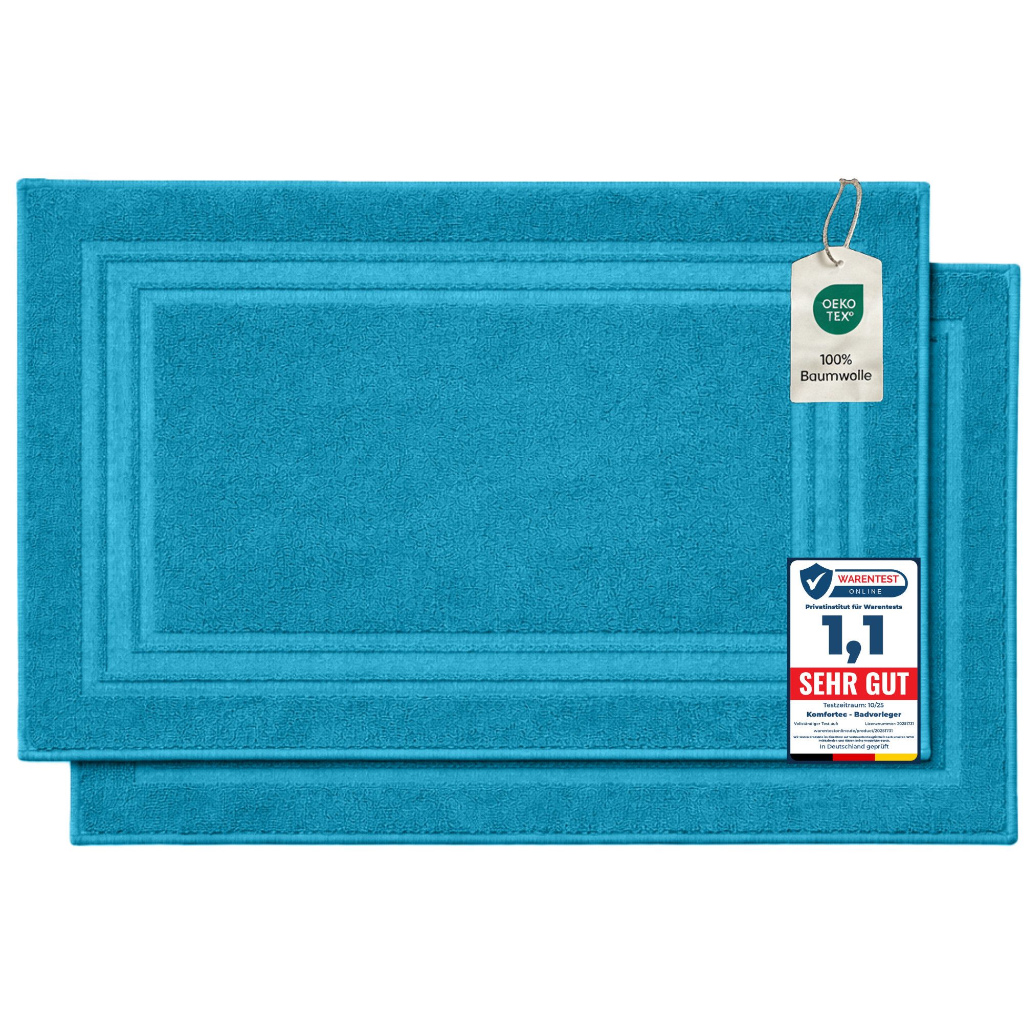 Komfortec Badematte Badvorleger aus 100% Baumwolle, 50x70 cm Duschvorleger, Waschbar Duschmatte, Frottee, Rechteckig, 600 g/m², 2er Set, Saugfähig & Schnelltrocknend