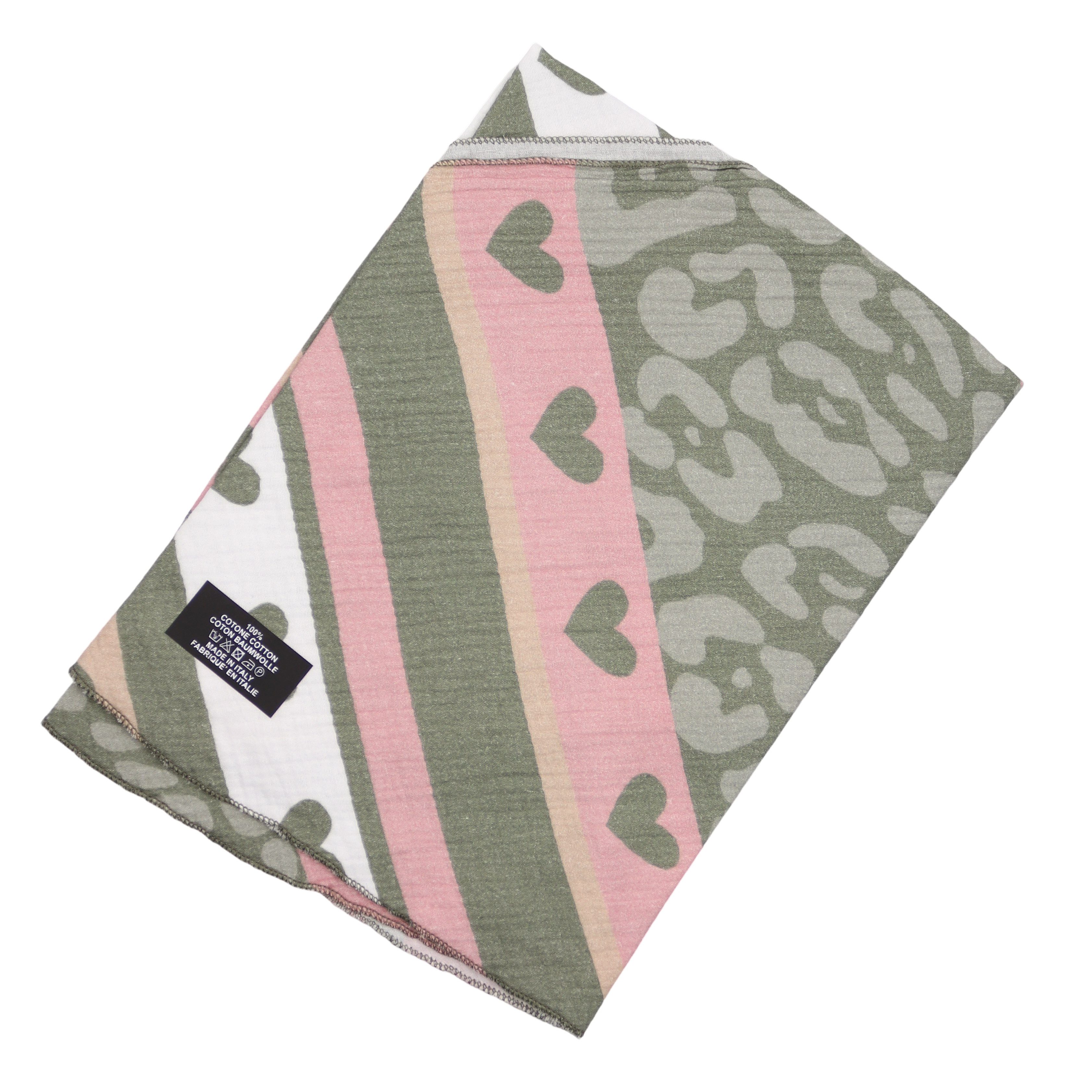 MIRROSI Dreieckstuch Aus Musellin Dreiecksschal ca.195x90 cm, Made in Italy, (Leicht, ideal für das ganze Jahr; 100% Baumwolle), in tollen Farben (Leo Love Muster)