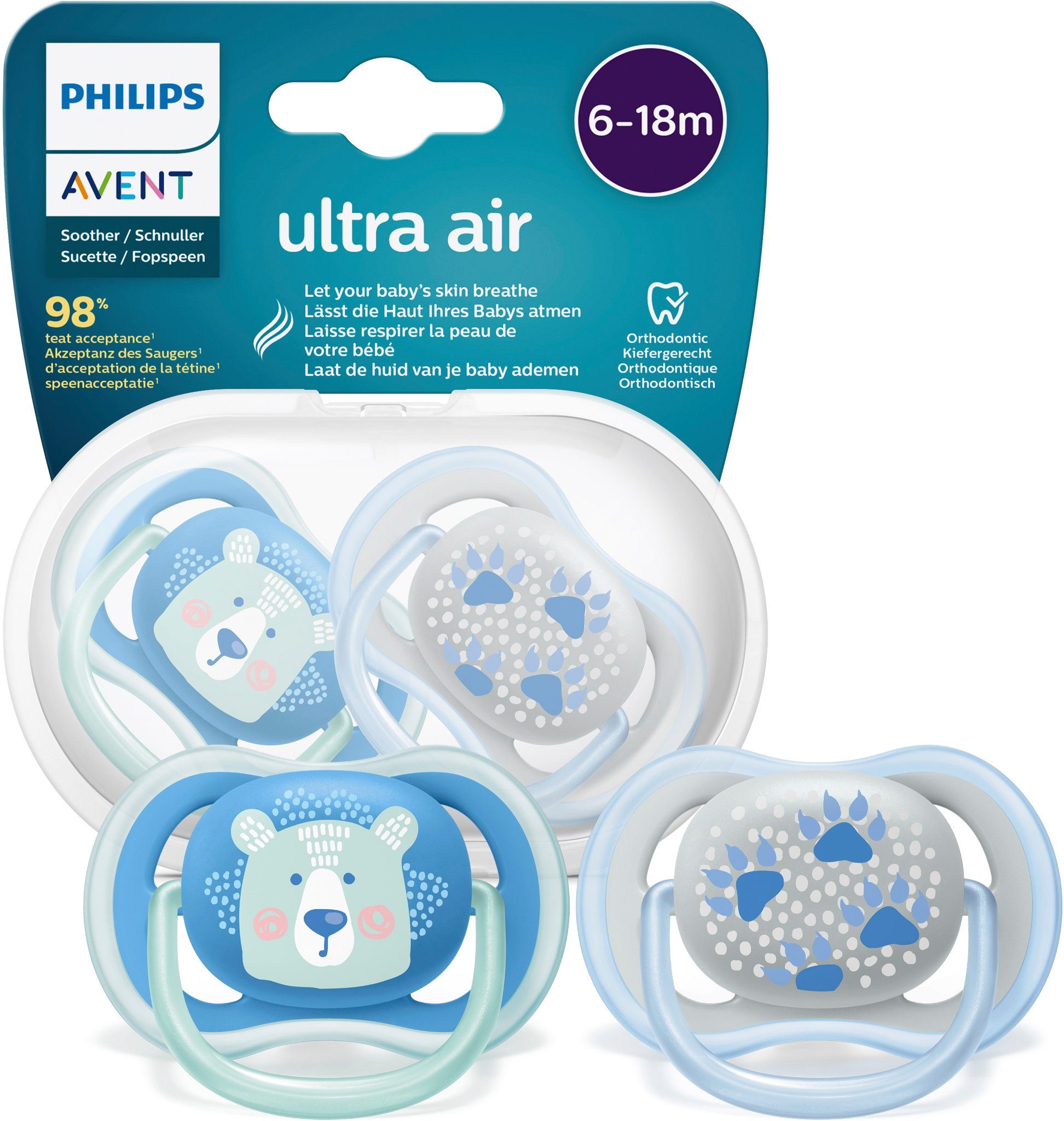 air mit 6 Monate SCF085, blau Schnuller 18 Sterilisationsbox, bis Kiefergerecht, AVENT ultra und Philips Transport-