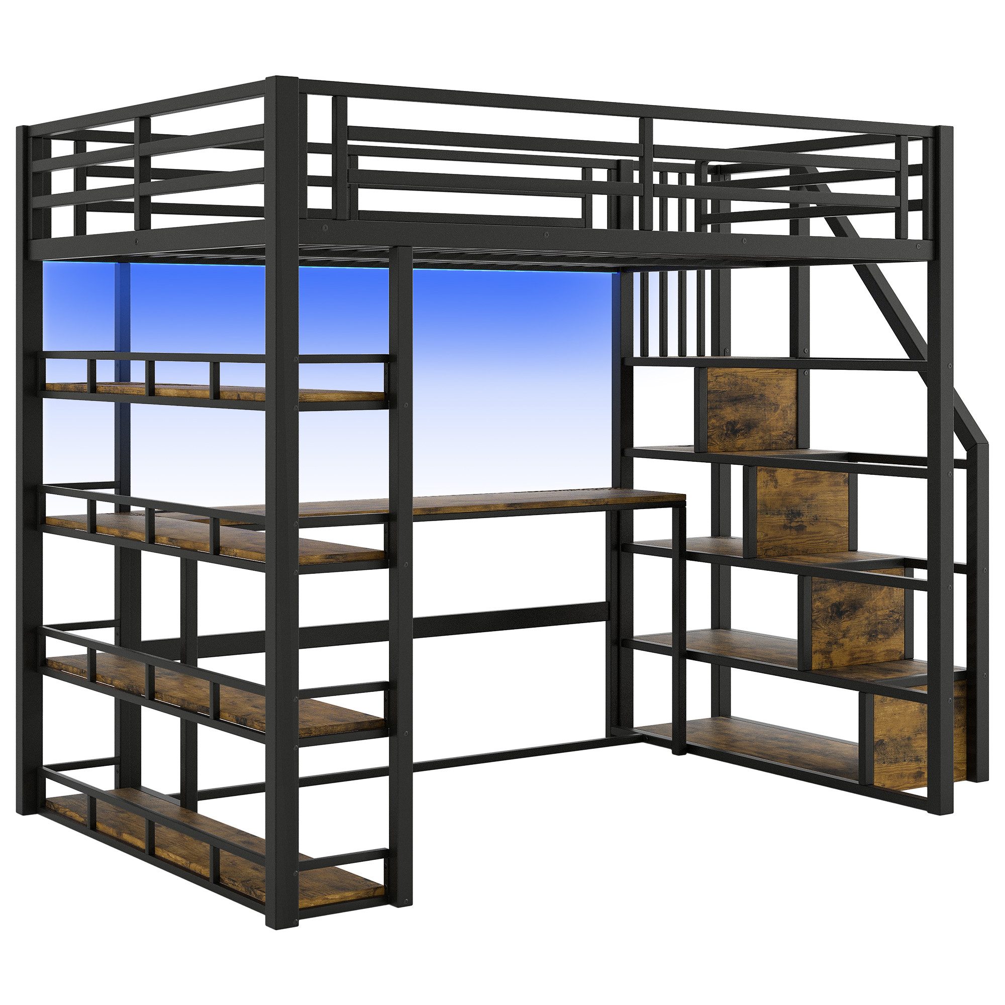 Flieks Loft Bed LED Metal Bed 140x200cm with Storage Staircase, Desk and Charging