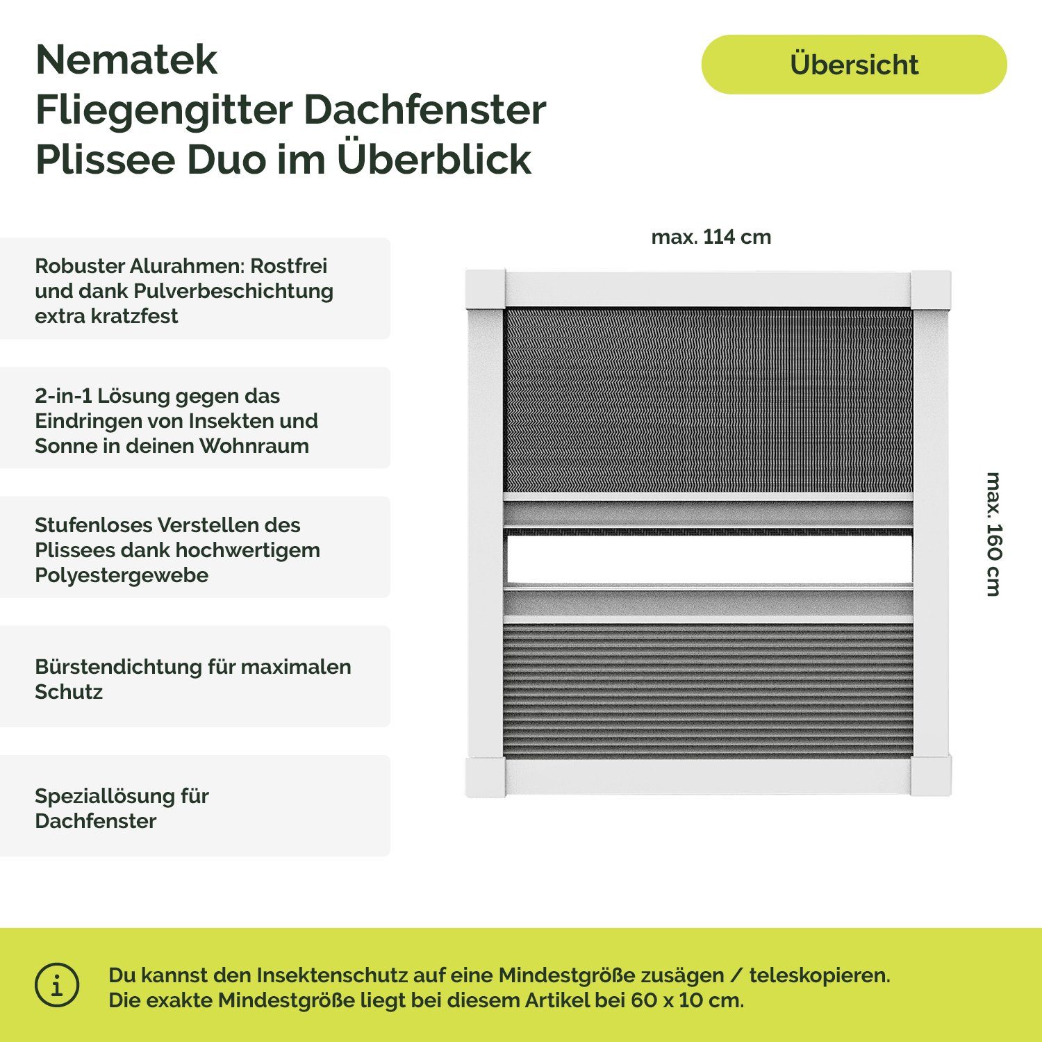 Nematek Insektenschutzplissee Nematek® Fliegengitter DUO-Plissee für Dachfenster Insektenschutz Dachfensterplissee in verschiedenen Größen