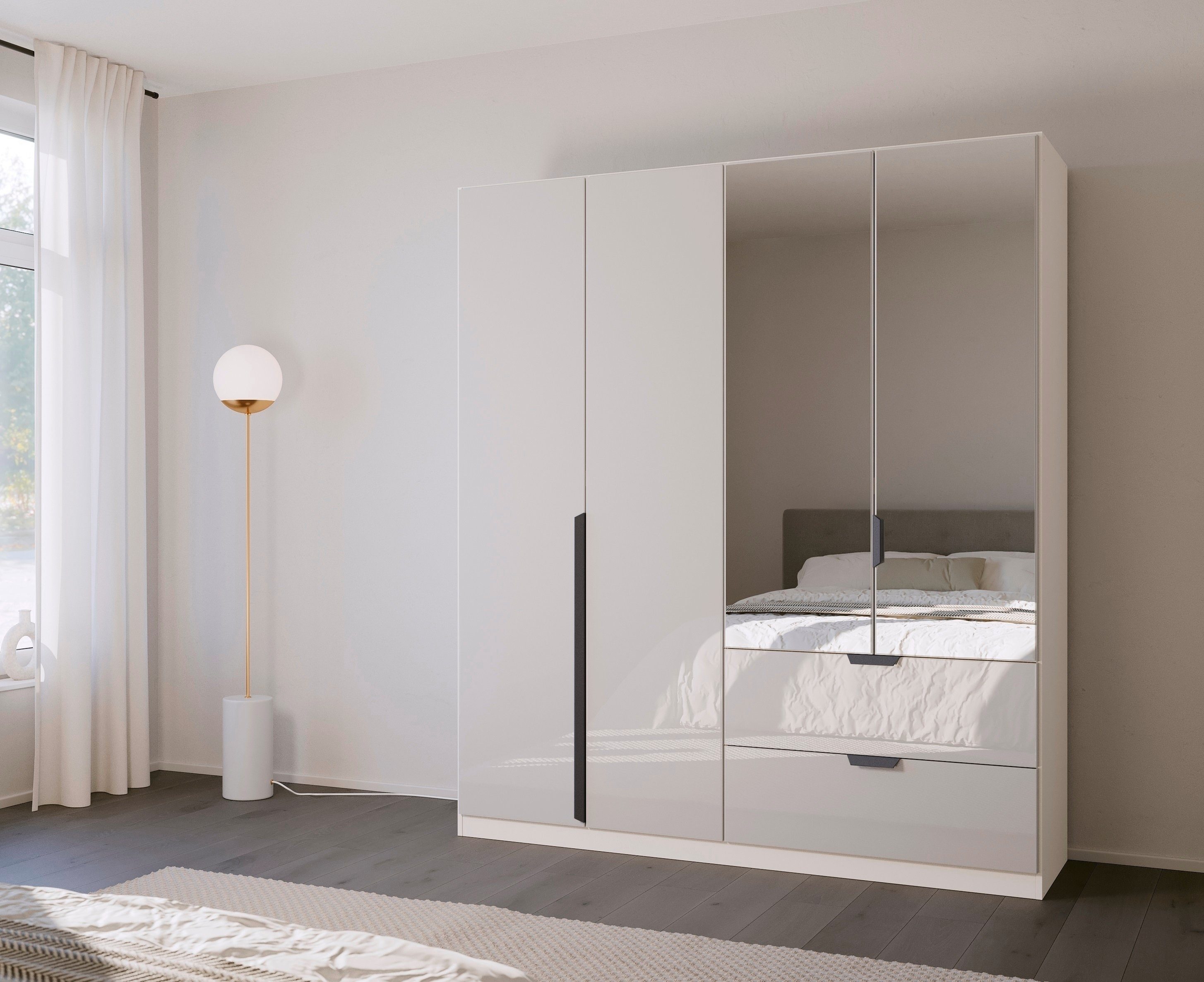 rauch Drehtürenschrank Kleiderschrank Schrank Garderobe Ankleide MODERN BY QUADRA SPIN (Breiten: 181/226/271 cm, Höhe 210 cm) mit Spiegel und hochwertiger Glasfront, Stangengriff MADE IN GERMANY
