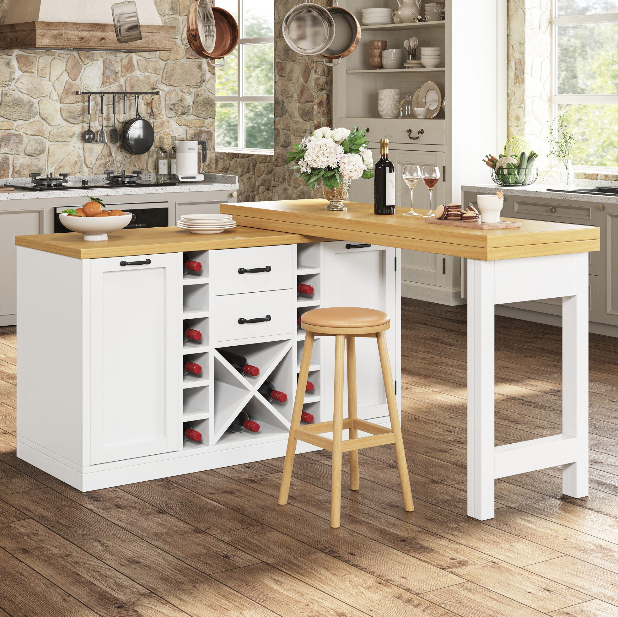 OKWISH Kücheninsel Küchenwagen 120–223cm mit 360° Drehfunktion und Stauraum, (Seitenregale für Snacks und Halterung für Mülleimer im Haushalt), Weißer Küchenwagen mit herausnehmbarem Weinregal für Flaschen