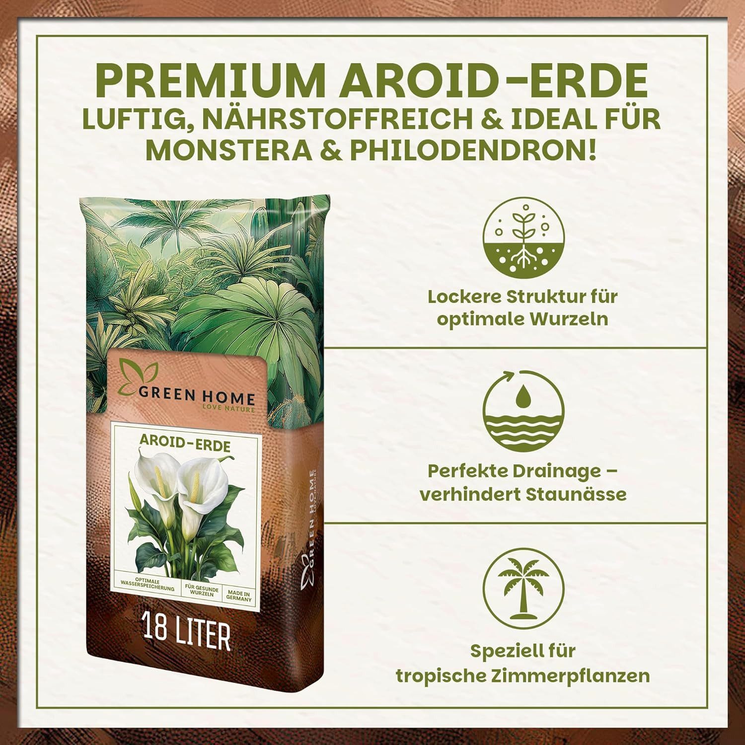 GREEN HOME LOVE NATURE Spezialerde Aroid Erde – Spezialerde für Monstera, Philodendron & Zimmerpflanzen 18 L, 36 L, 72 L, Langzeitdünger, Perlit, Kokosfasern, pH 5,8, gute Drainage