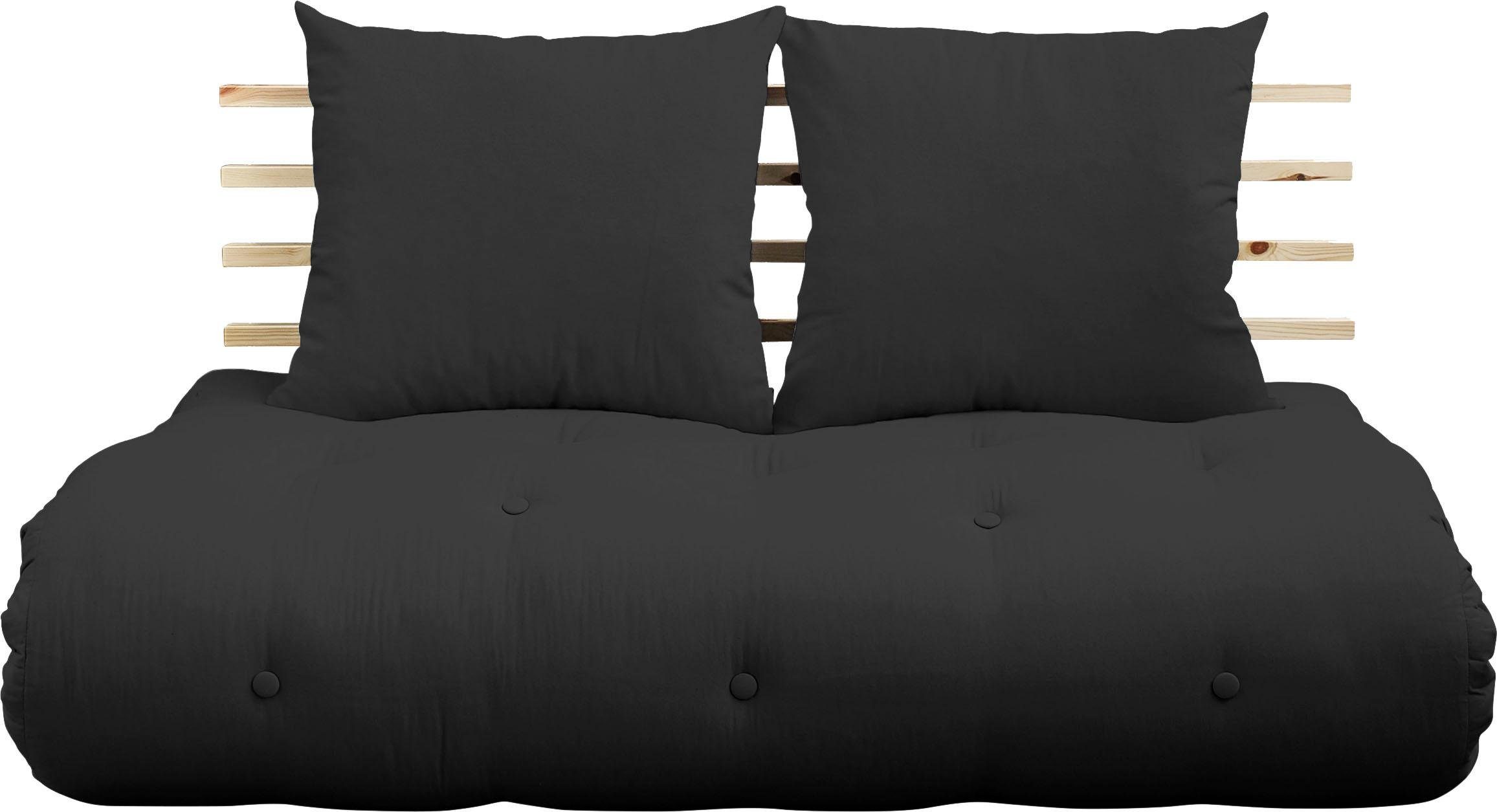 Karup Design Schlafsofa Shinsano, futonstil, Rückenrahmen und zweiteiligem Kissenset, aus massivem Kiefernholz, faltbarer Matratze, multifunktional, Scandi