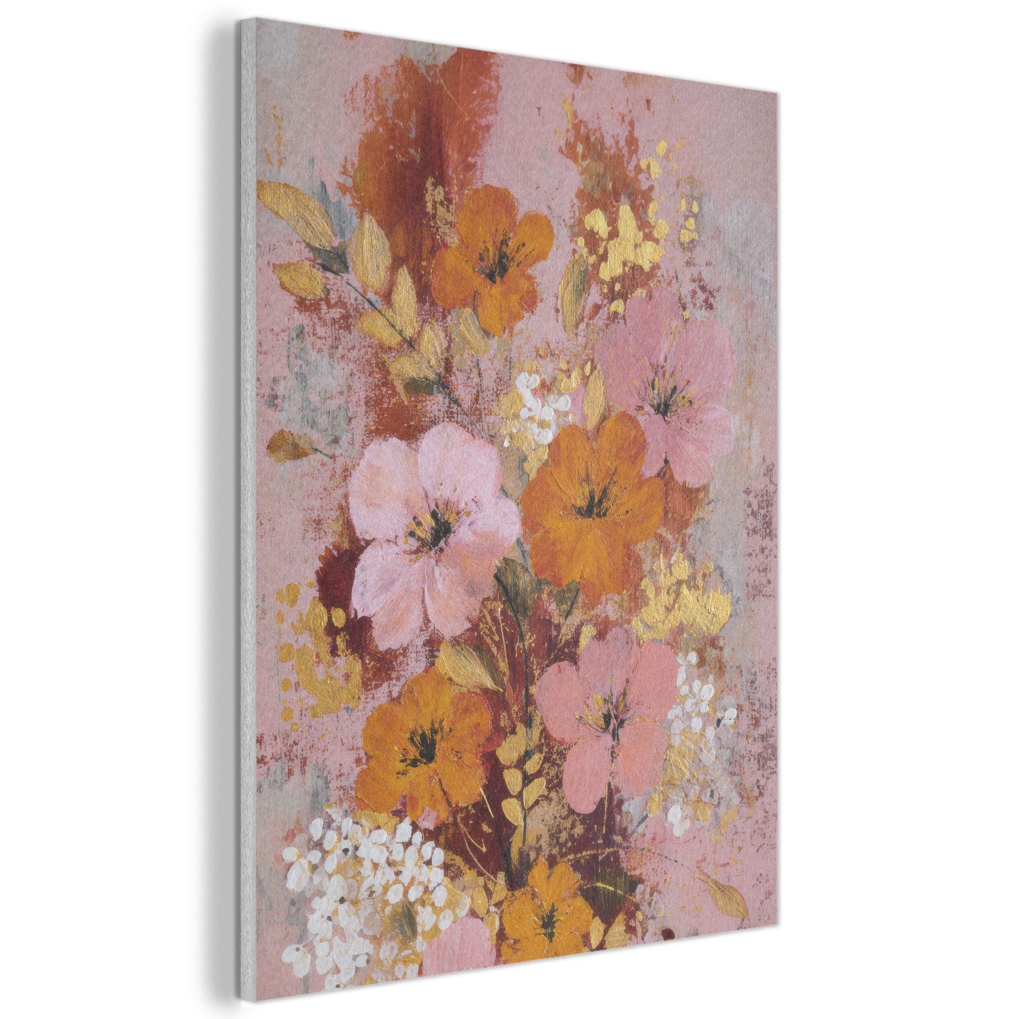 MuchoWow Gemälde Malerei - Blumen - Rustikal - Rosa, Fotodruck (1 St), Akustikpaneele, Wandpaneele, Schalldämmung, Akustikbilder 30x40 cm