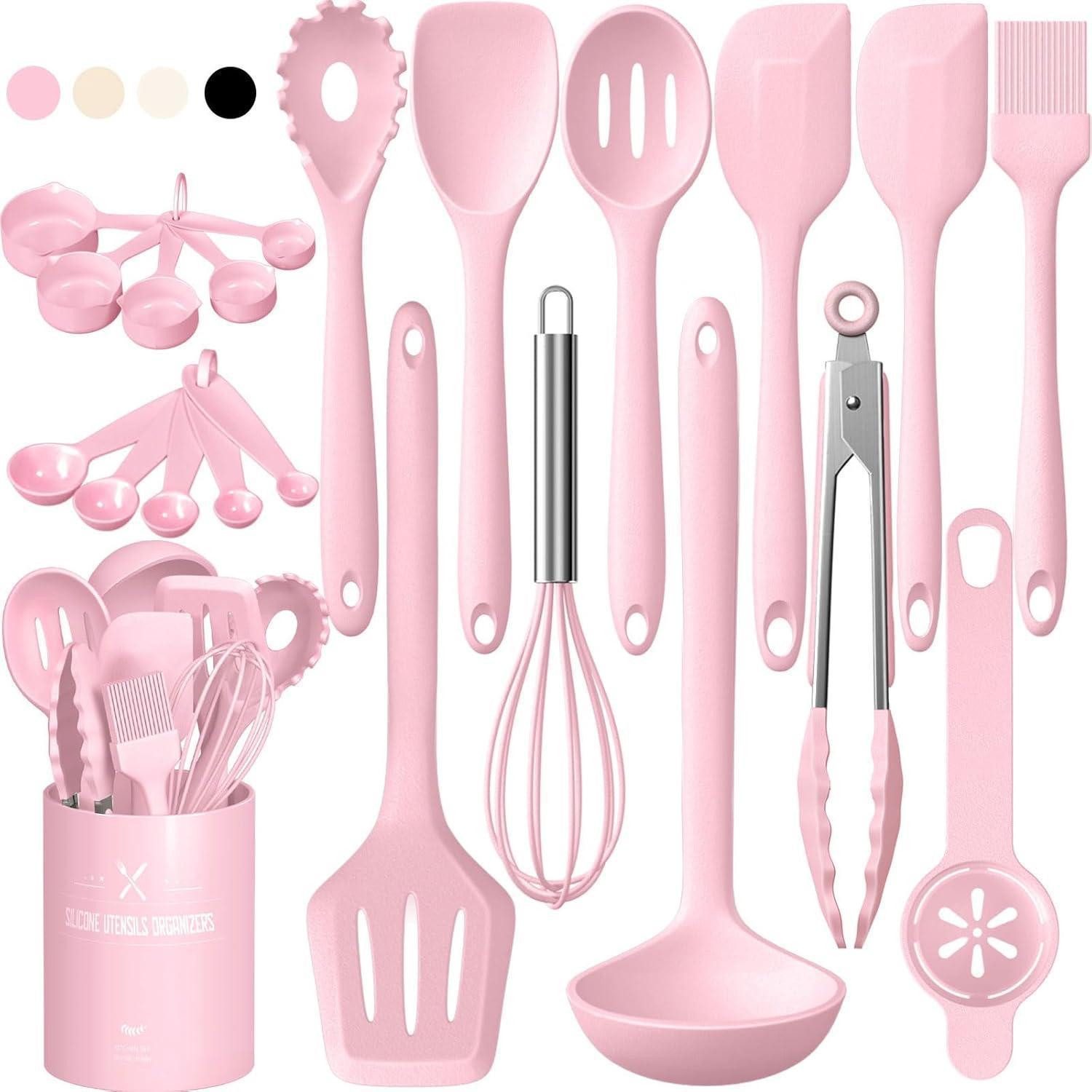 Terlulu Kochbesteckhalter Silikon Küchenhelfer Set 22-teilig Rosa Utensilienhalter