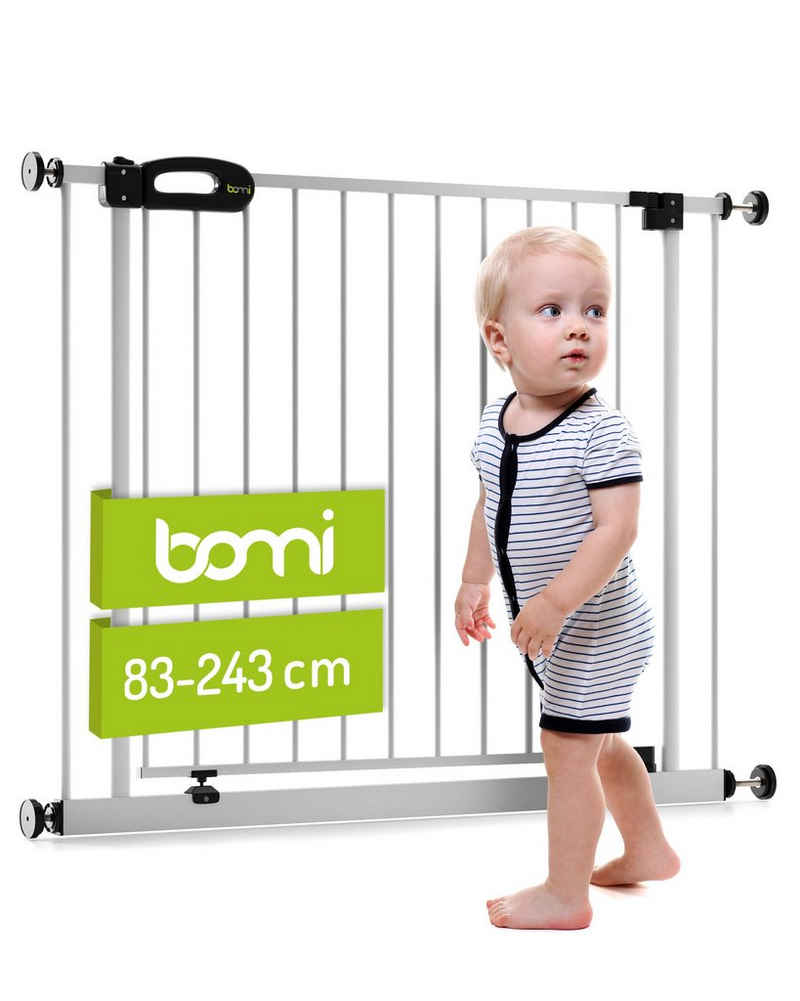 BOMI Türschutzgitter Babygitter Ohne Bohren Merle XXL 83-243 cm, Treppengitter zum Klemmen - 90 Grad Feststellfunktion der Tür