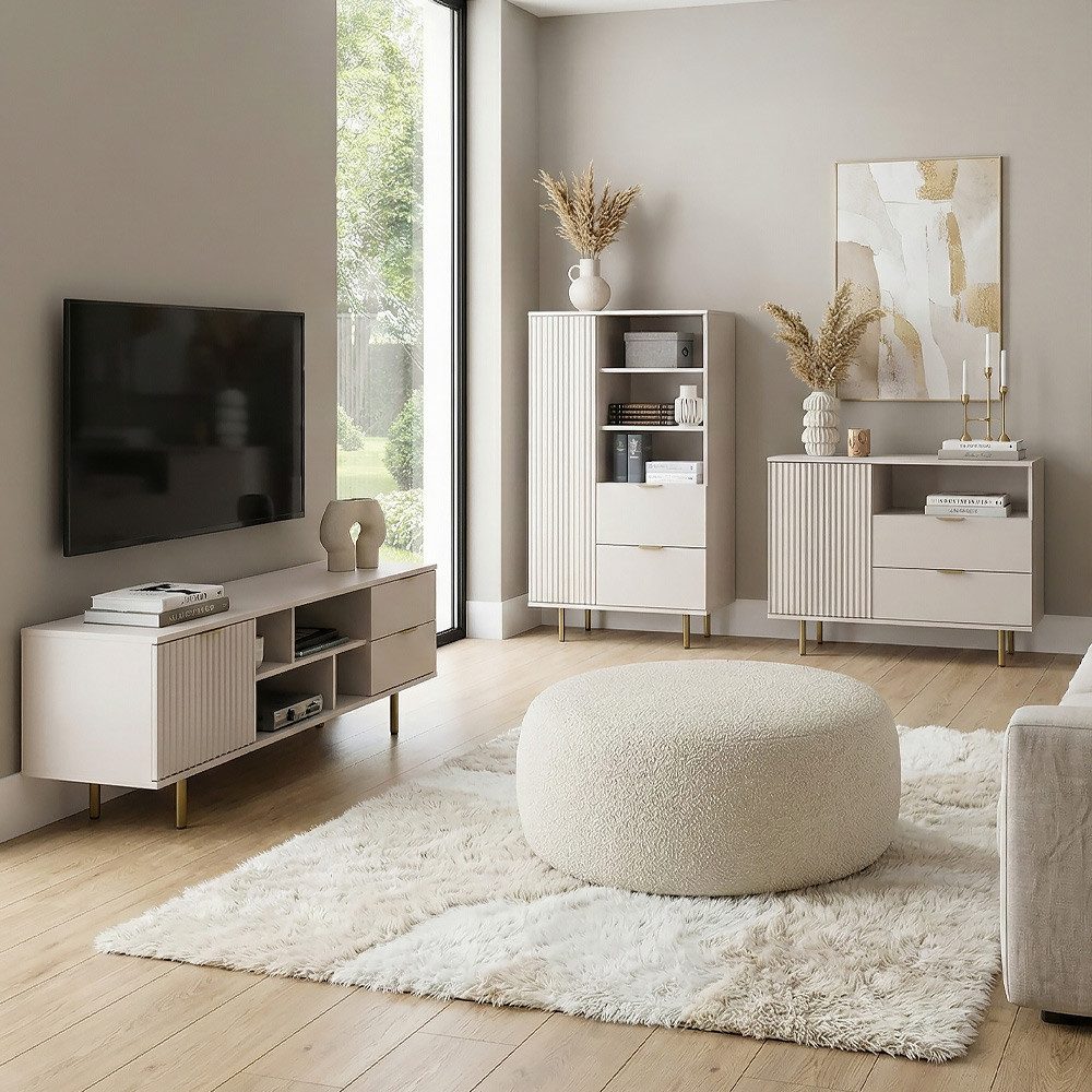 Lomadox Wohnzimmer-Set NADOR-132, (Mega-Spar-Set, 3-St., Lowboard Highboard Kommode), Kaschmir mit goldfarbenen Metallgriffen und -füßen, Front Rillenoptik