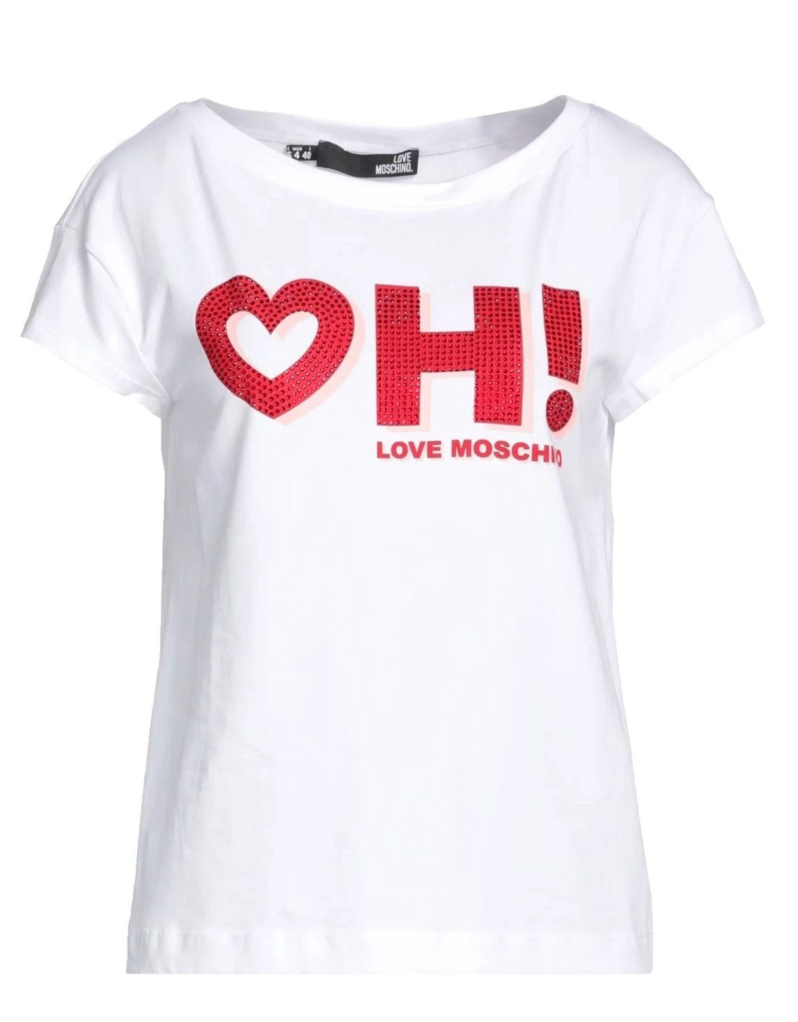 LOVE MOSCHINO T-Shirt Damen T-Shirt „Heart OH!“ mit Strassdetails Boxy Fit mit Herzmotiv, verziert mit roten Strasssteinen