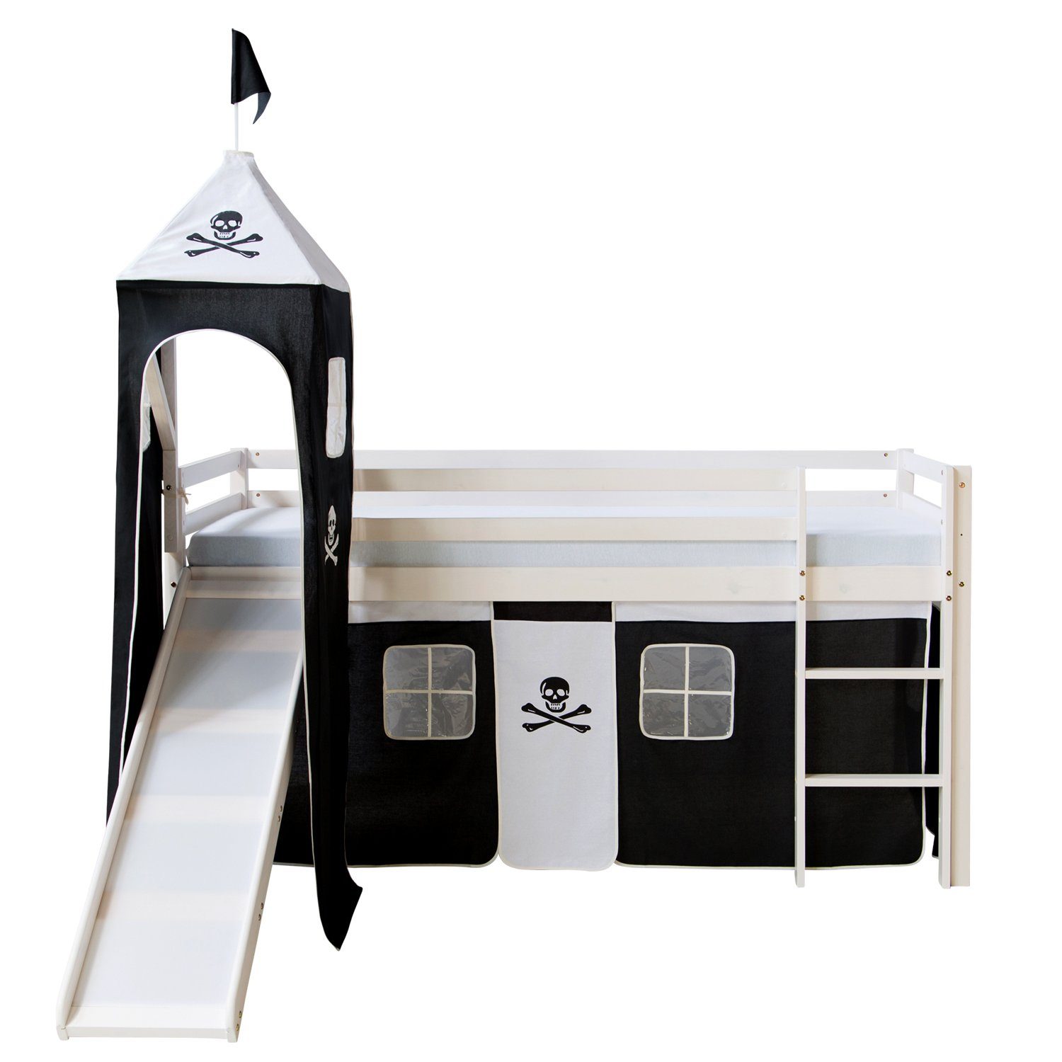 Homestyle4u Hochbett 90x200 Weiß Vorhang Pirat 1550 günstig online kaufen