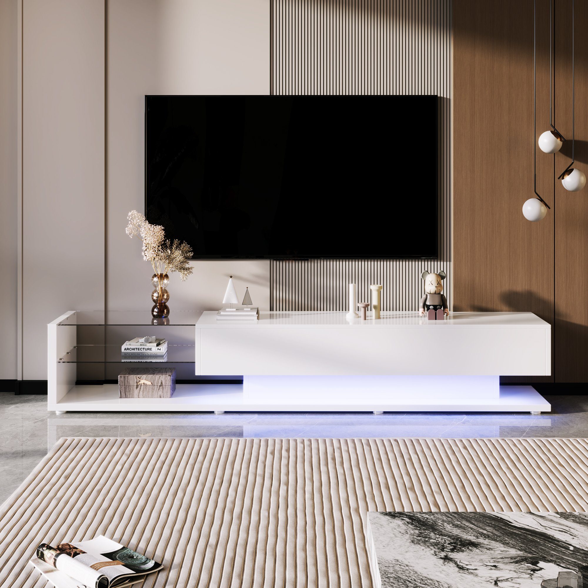KLAM HOME TV-Schrank TV Lowboard mit LED-Beleuchtung und Schubladen (Unterschrank in wohn-, Schlaf- und Arbeitszimmer, bis zu 65 Zoll) Fernsehschrank sideboards Lowboard für Fernseher bis zu 50kg belastbar weiß | weiß