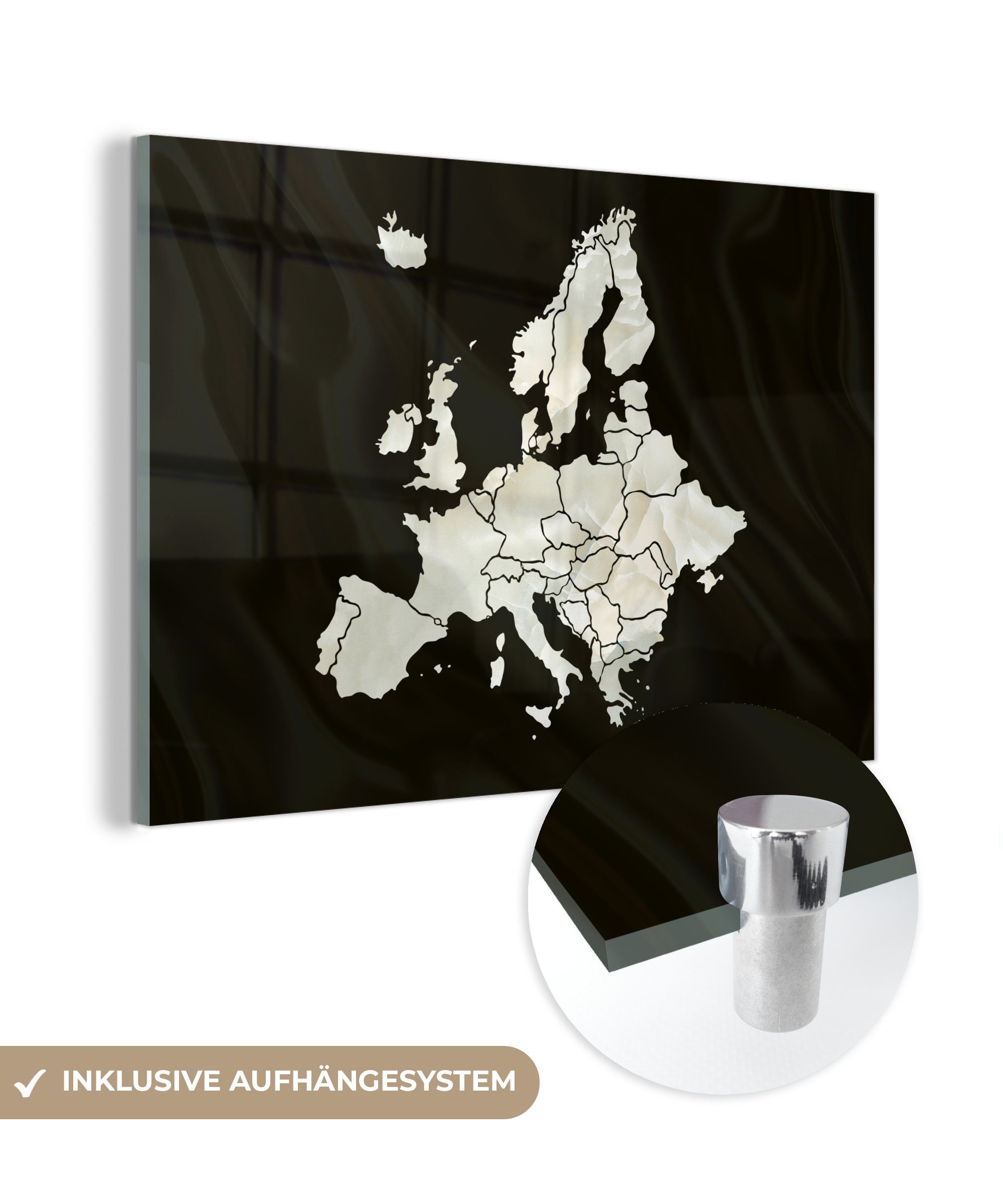 MuchoWow Acrylglasbild Karte - Europa - Schwarz, (1 St), Acrylglasbilder Wohnzimmer & Schlafzimmer