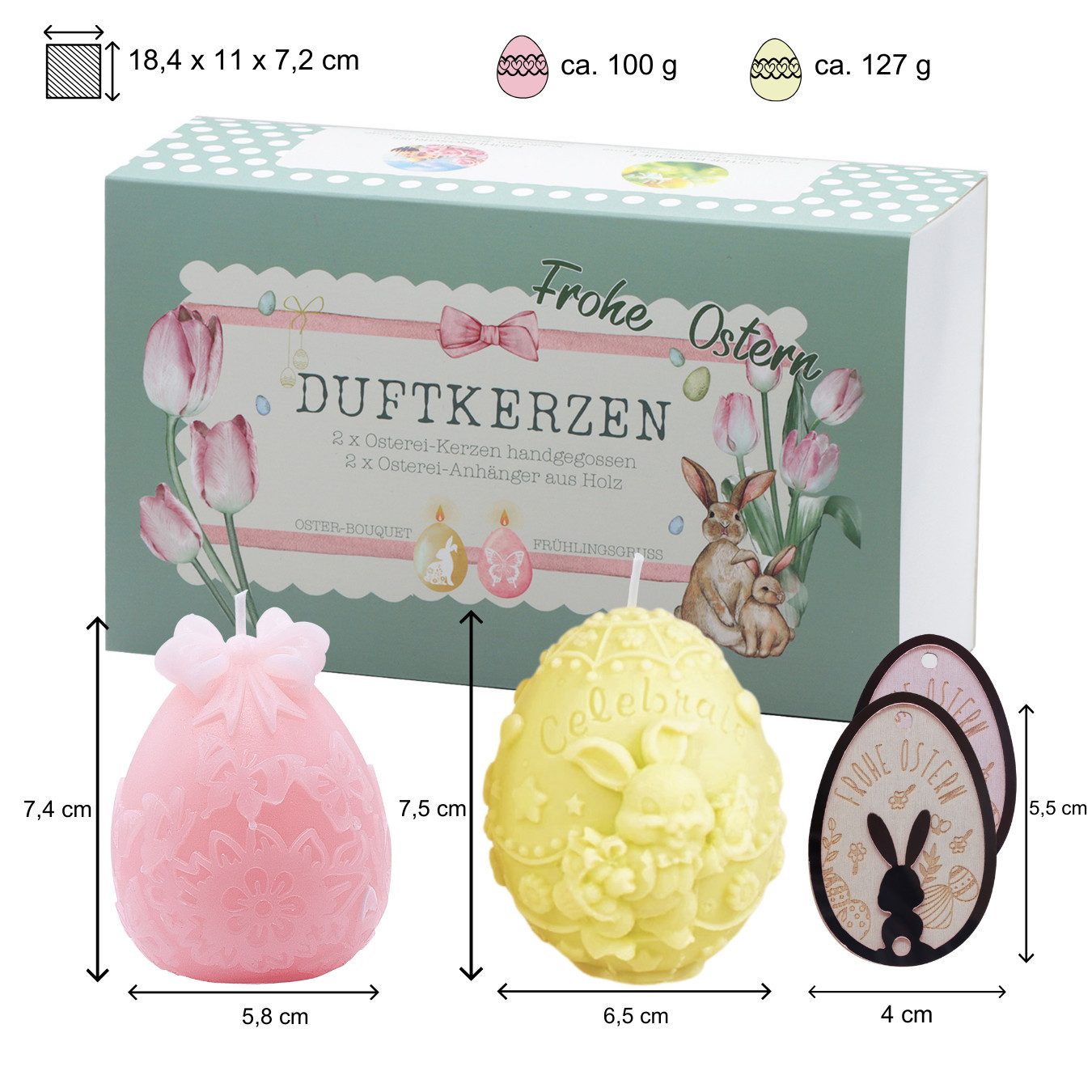Lucadeau Osterfigur Ostergeschenk für Frauen, 2 handgemachte Osterei Duftkerzen & Deko (Set, 2x Duftkerzen (in Ei-Form), 2x Holzanhänger zu Ostern), Ostergeschenk für Frauen, Geschenk für Frauen zum Ostern