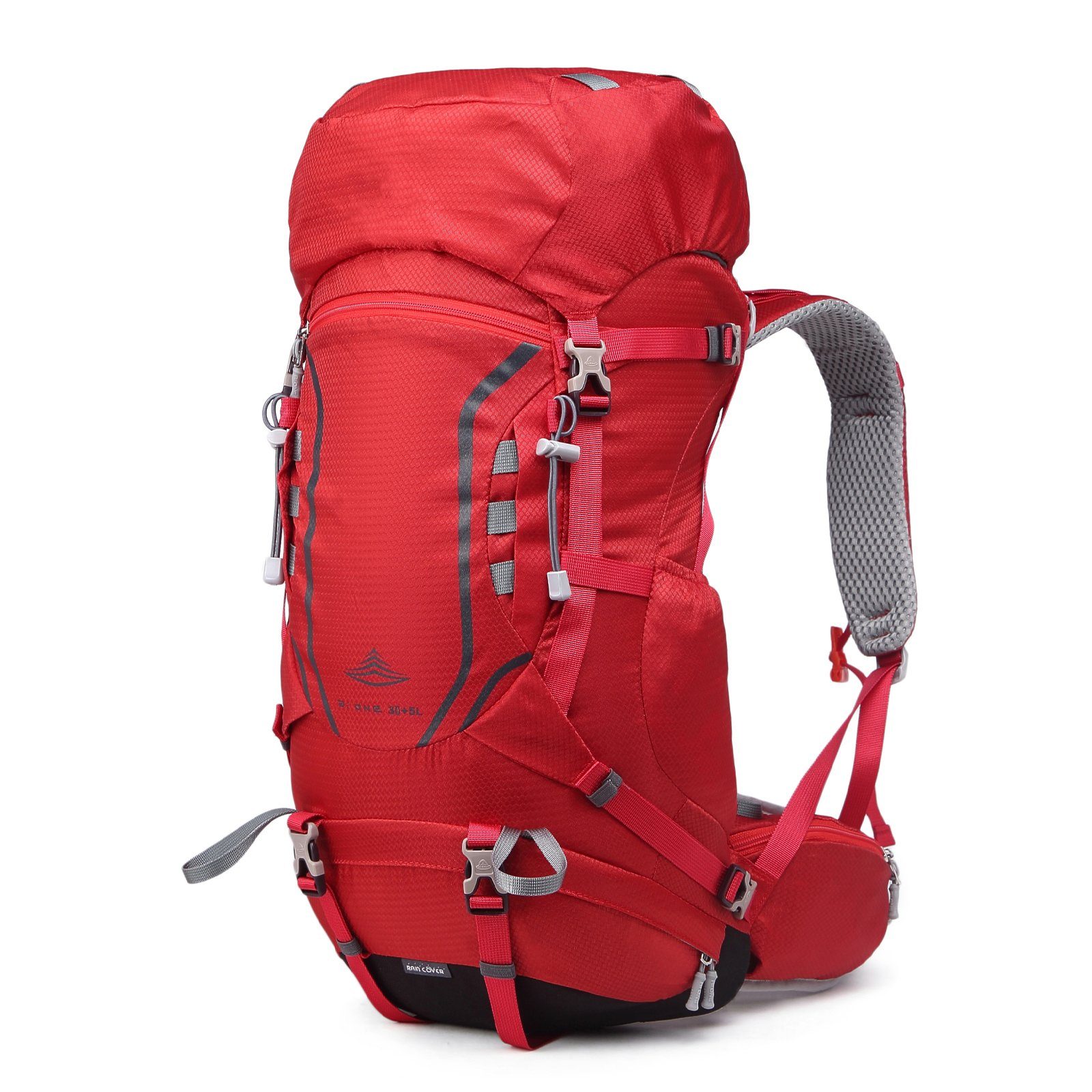 TAN.TOMI Wanderrucksack 35L (30L+5L) Großer Wanderrucksack mit Rückenbelüftung (Einschließlich Regenschutz), mit Regenschutz für Outdoor Reisen Camping Trekking Rot