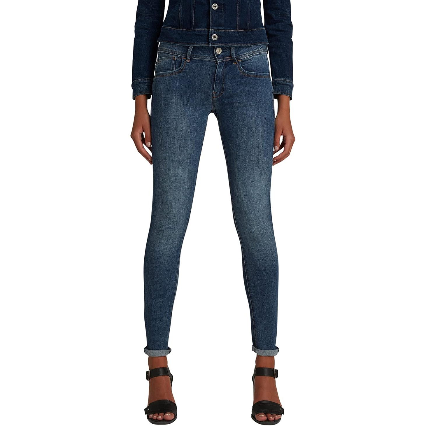 G-STAR Gerade Джинсы RAW Damen Lynn D-Mid Waist Super Skinny Джинсы Medium Aged Blau 25W/32L (1-tlg) Джинсы Medium Aged Blau 25W / 32L