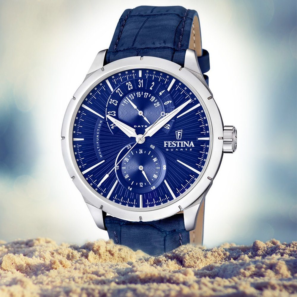 Festina Multifunktionsuhr rund, Lederarmband Elegant Herren Herren F16573/X, blau Armbanduhr Uhr Festina schwarz UF16573/X