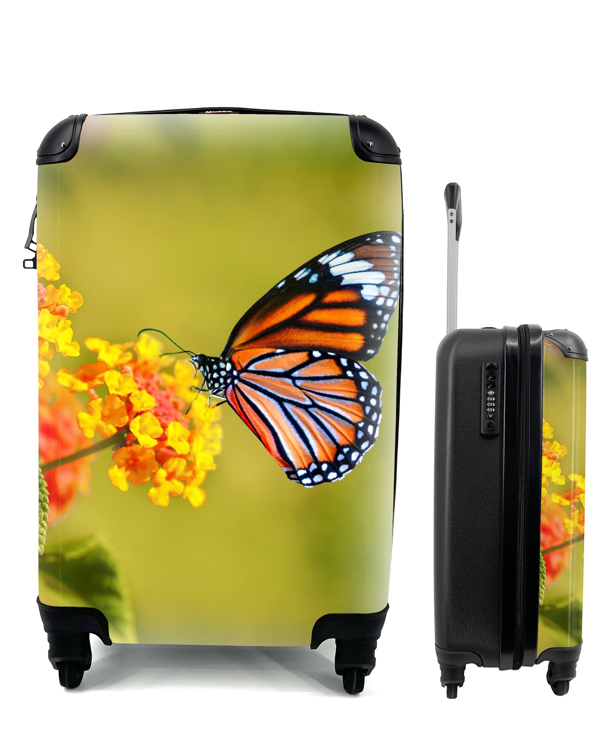 MuchoWow Handgepäckkoffer Schmetterling - Insekten rollen, Reisekoffer mit Reisetasche Trolley, Ferien, Gelb, - für 4 Rollen, Handgepäck - Blumen