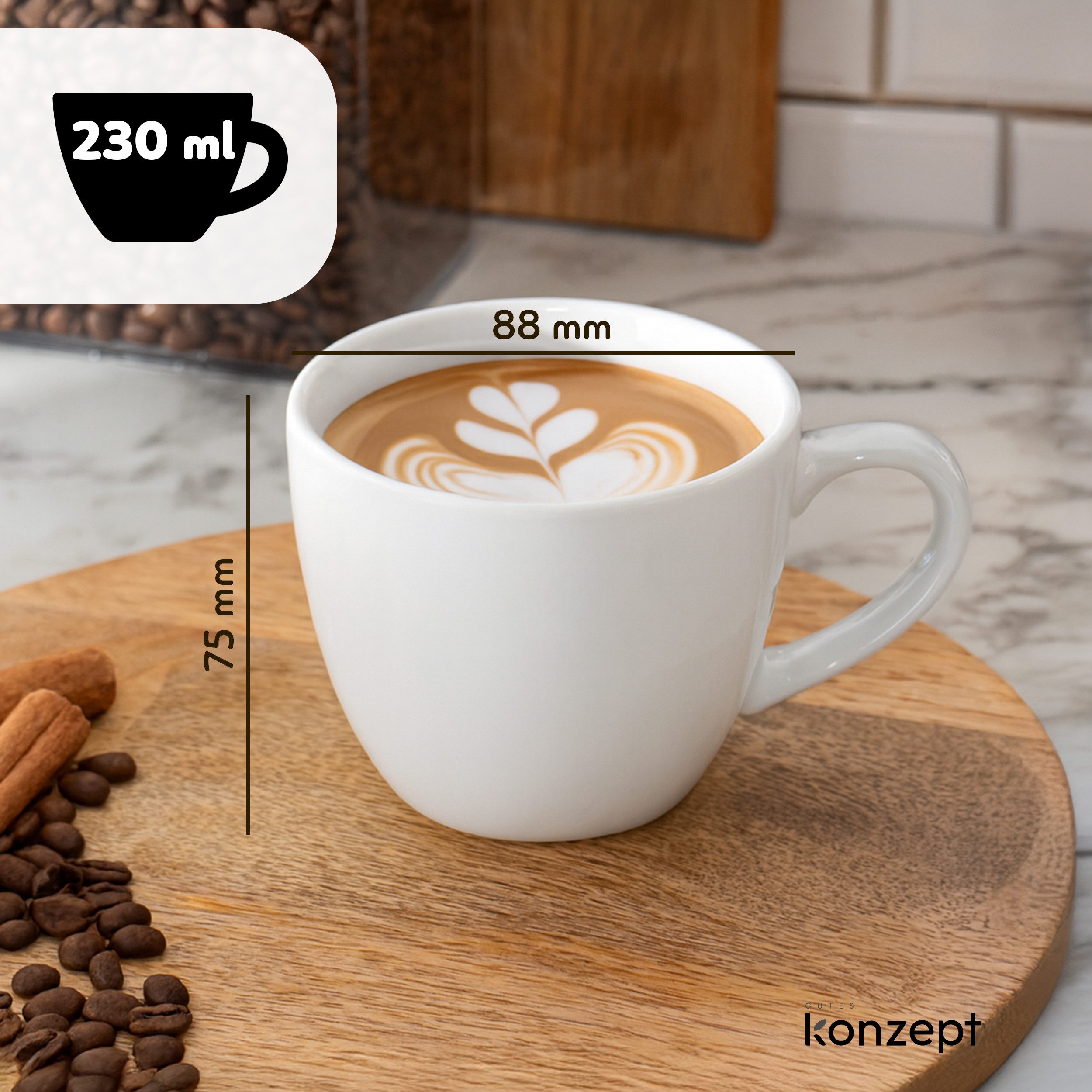KONZEPT Tasse 6er-Set Kaffeetassen 230 ml, Keramiktassen für heiße Getränke, 6-tlg., für Zuhause, Restaurant, Café, Hotel