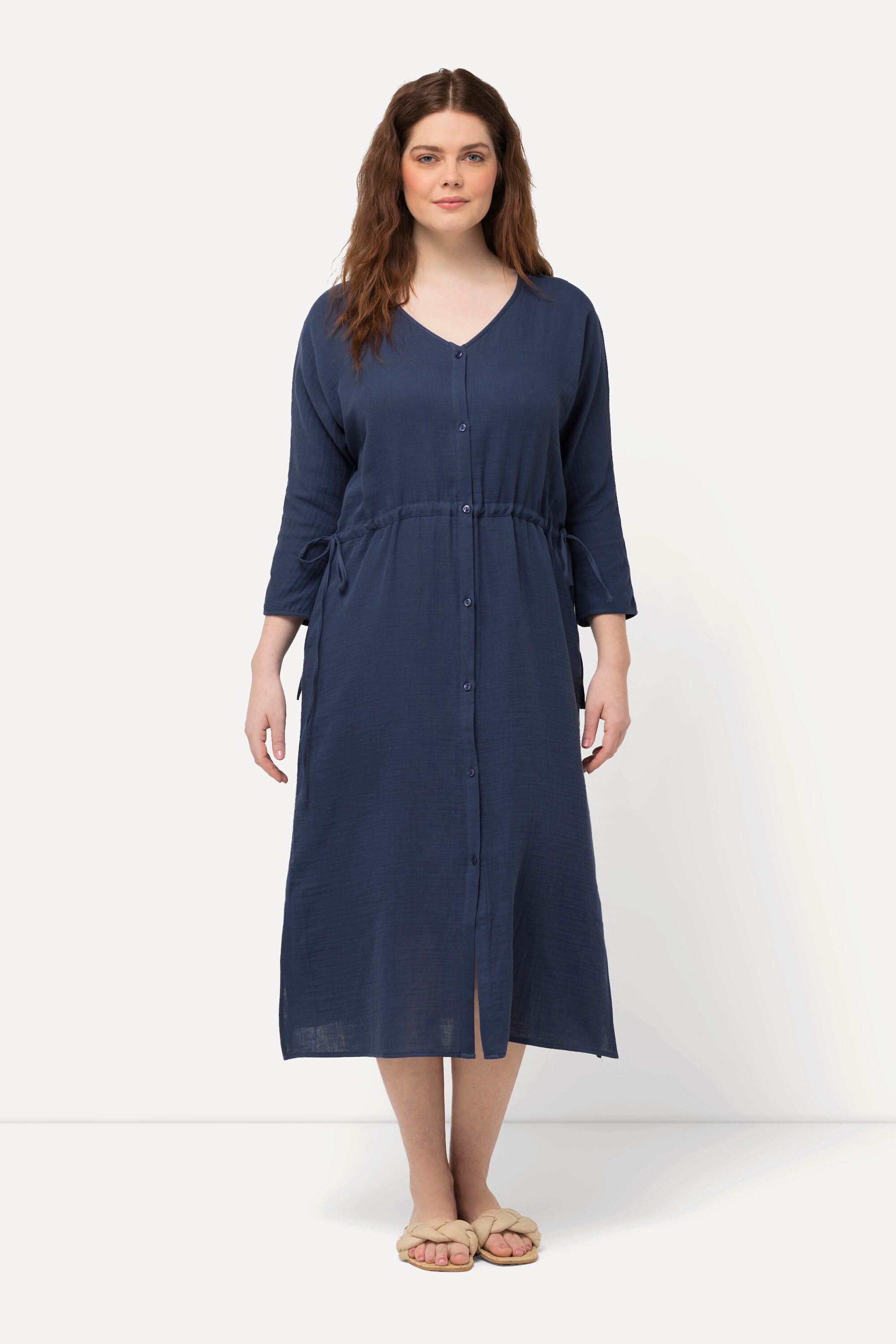 Ulla Popken Midikleid Bubble-Midikleid V-Ausschnitt 3/4-Arm Biobaumwolle