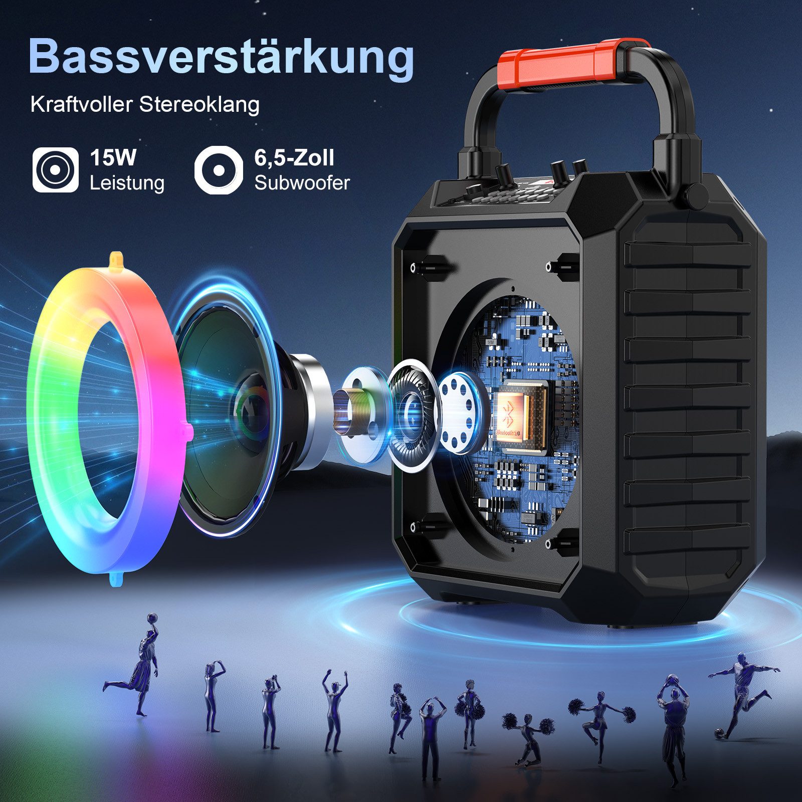 JYX Tragbares Lautsprechersystem mit Mikrofon für Karaoke Karaoke-Maschine 2.0 (Bluetooth 5.0, 15 W, unterstützt FM/USB/AUX/REC/TF-Anschluss, ideal für Partys)