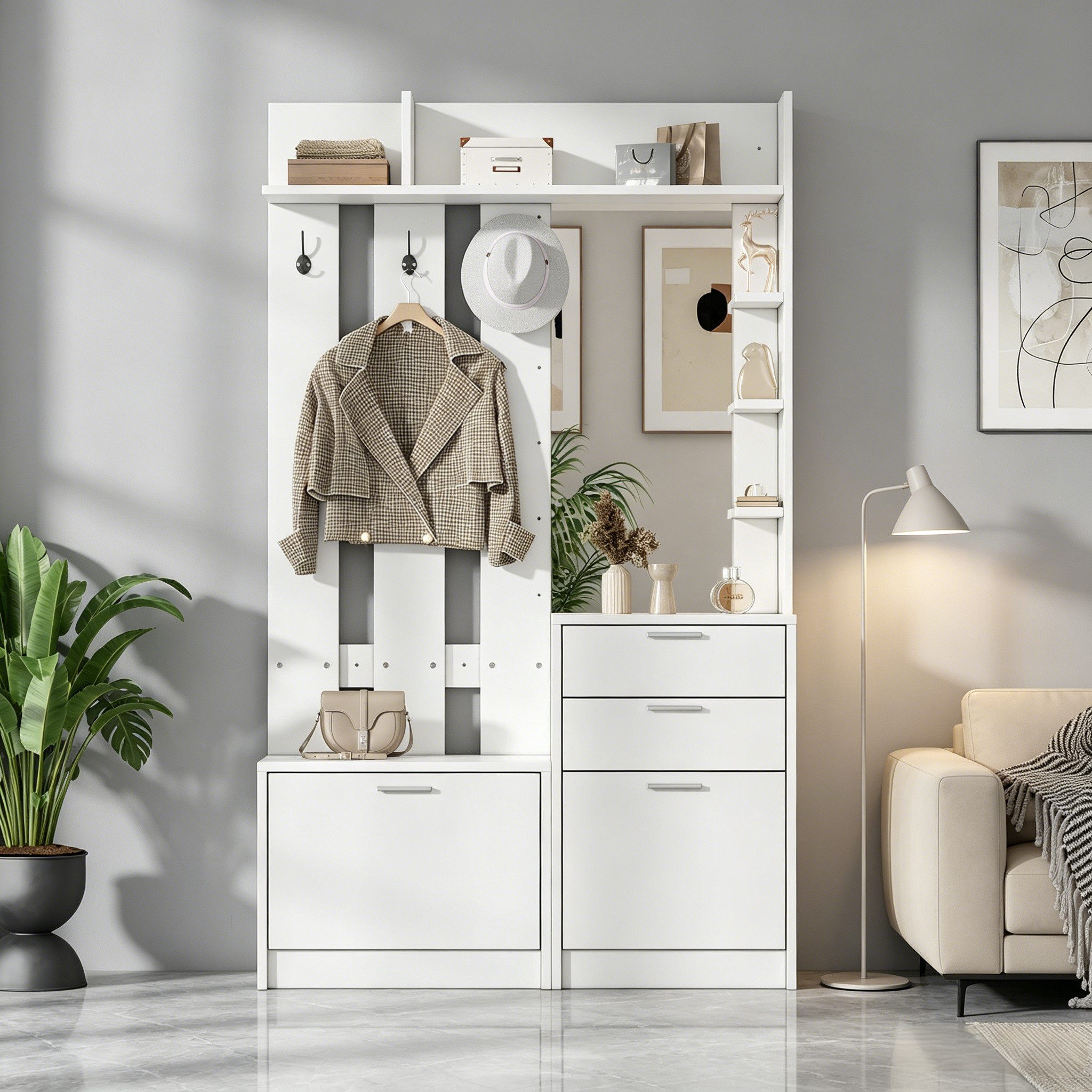 Merax Garderobe mit Spiegel und 2 ausklappbaren Schuhschränken (multifunktionaler Garderobenschrank, 1 St), Flurgarderobe mit 2 Schubladen, 3 Haken und 3 Regalböden, 110x34x185cm