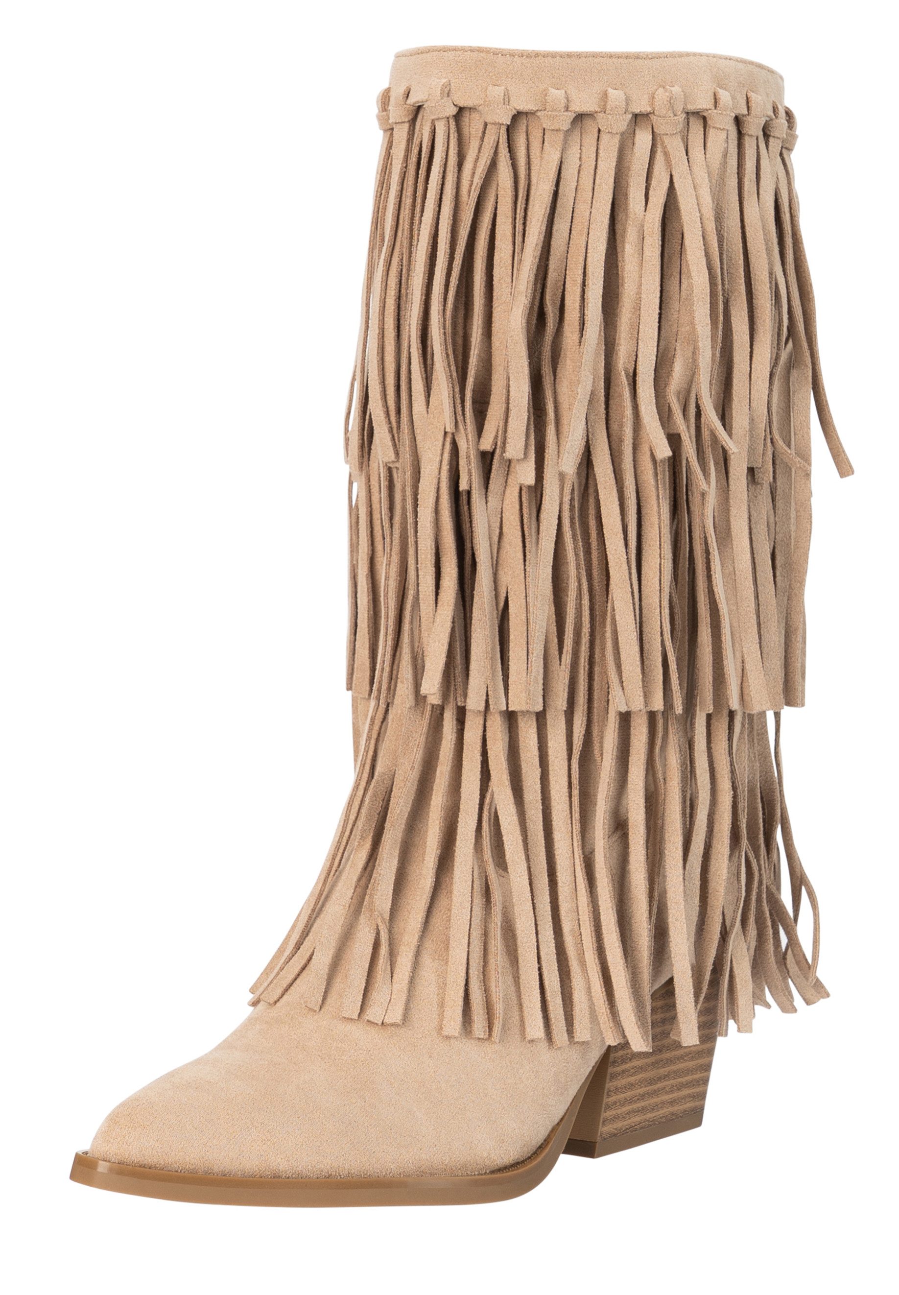 Day Vine Damen Fransen Boots in Wildlederoptik mit Blockabsatz Cowboystiefel