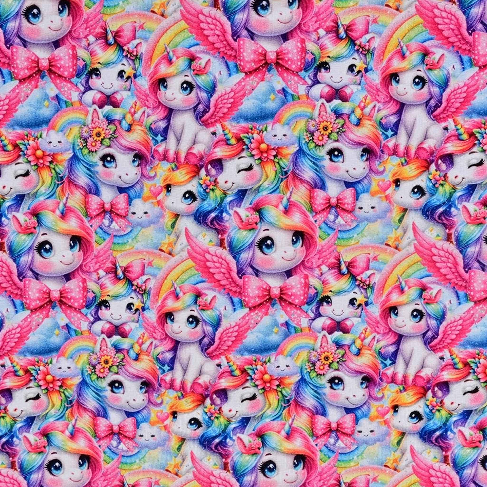 maDDma Stoff French Terry Stoff Einhorn Regenbogen Bunt 1/2 Meterware Sommersweat