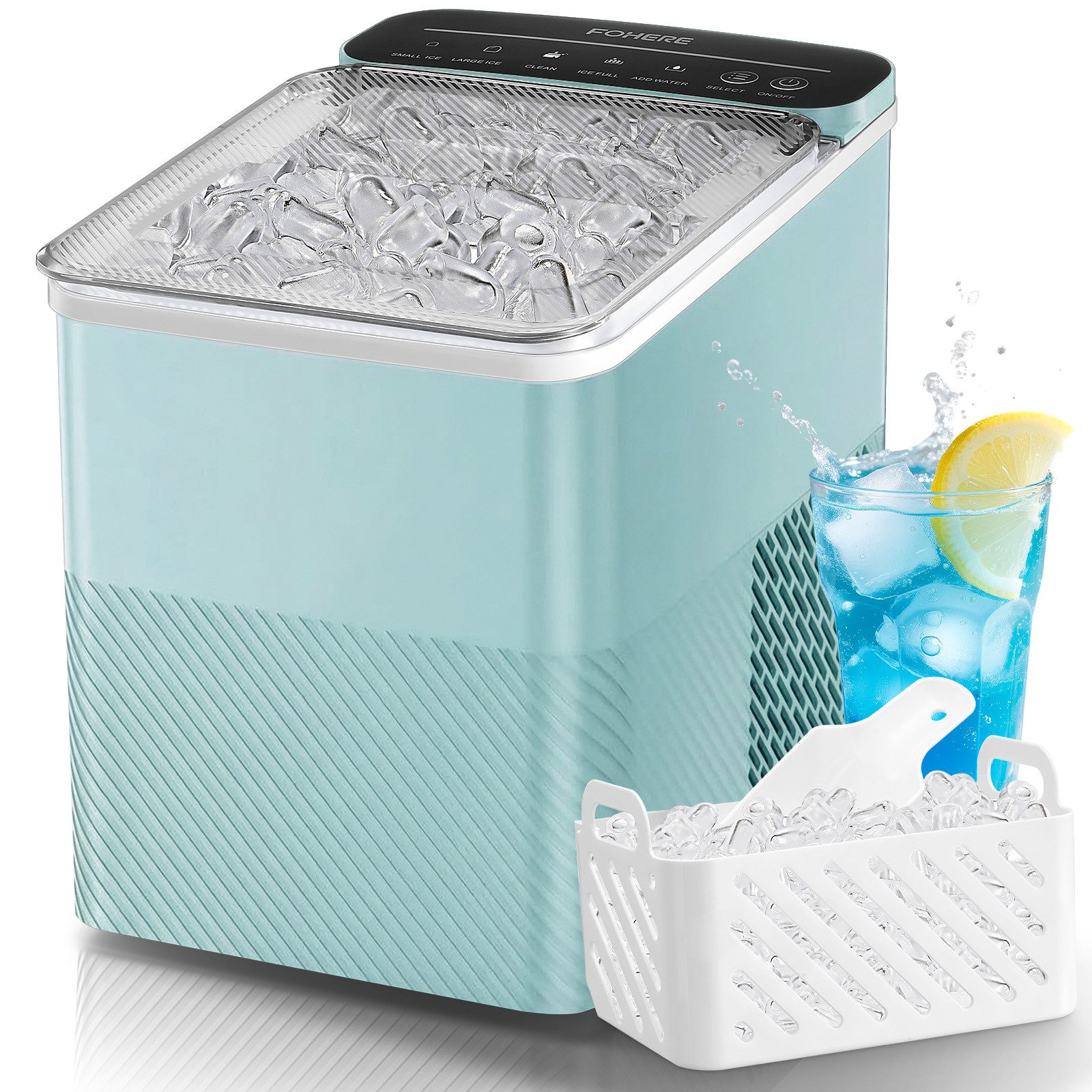 FOHERE Kühlbox Eiswürfelmaschine Klein, 14Kg/24h, 9 Eiswürfel/5Min, selbstreinigend, mit Schaufel/Korb, 2 Größen, Zuhause/Büro/Bar/RV