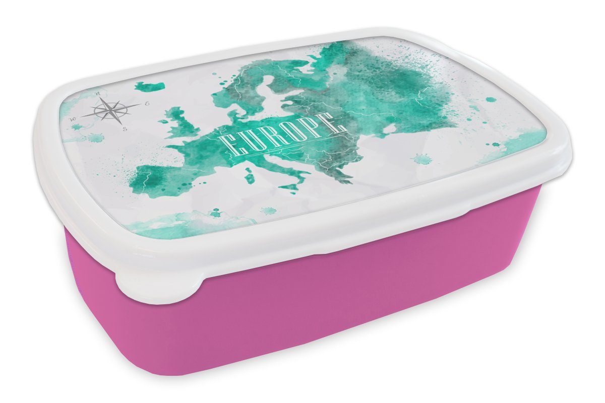 MuchoWow Lunchbox Aquarell - Weltkarte - Europa, Kunststoff, (2-tlg), Brotbox für Erwachsene, Brotdose Kinder, Snackbox, Mädchen, Kunststoff rosa