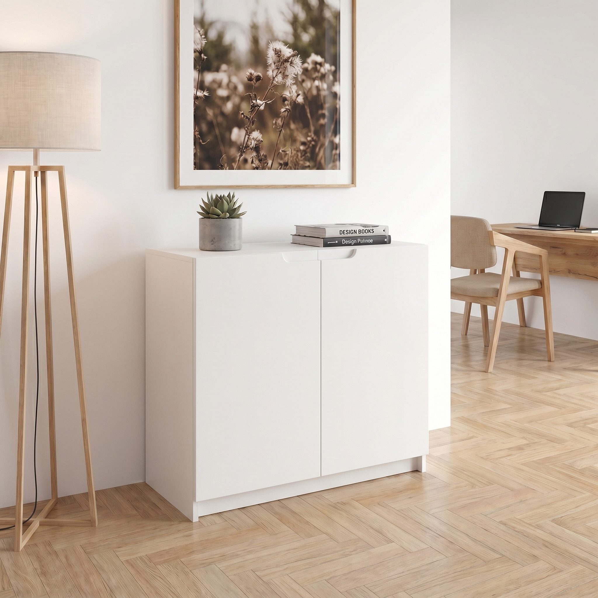Vladon Kommode Logan (Kommode, mit 2 Türen), Weiß matt/Weiß matt (82 x 78 x 37 cm)