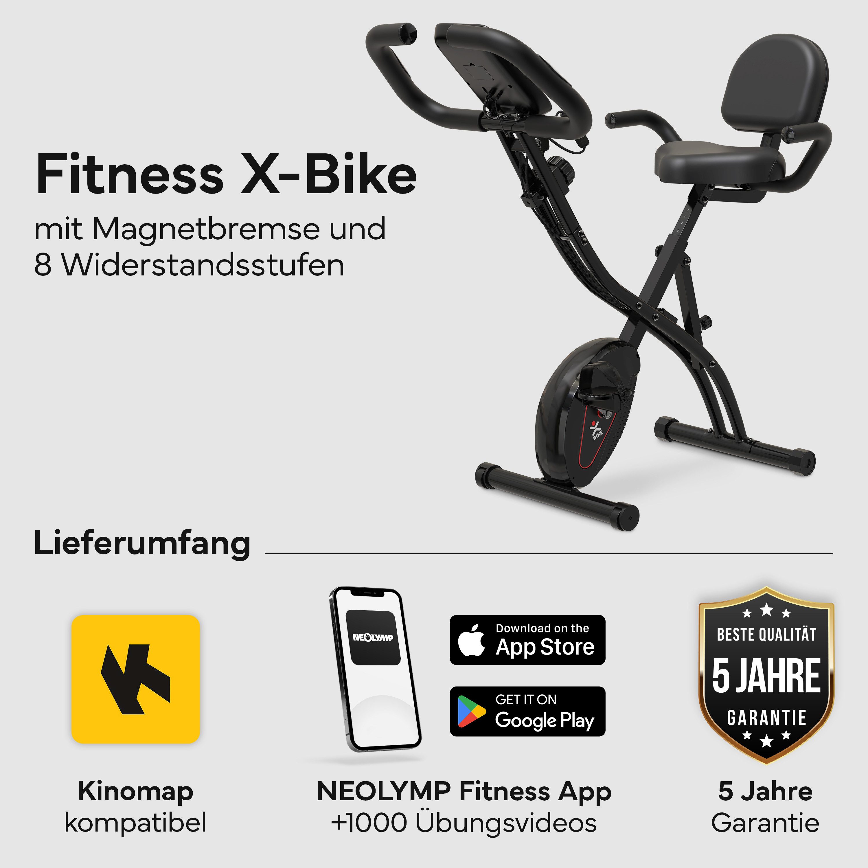 NEOLYMP Heimtrainer Fahrrad Klappbar - leises Cardio-Training bis 135 kg Indoor Bike (Trimmrad Fitnessbikes Senioren extra stabild & wackelfrei), Hometrainer Fahrrad - 8 Stufen, Pulsmesser, Tablet-Halter