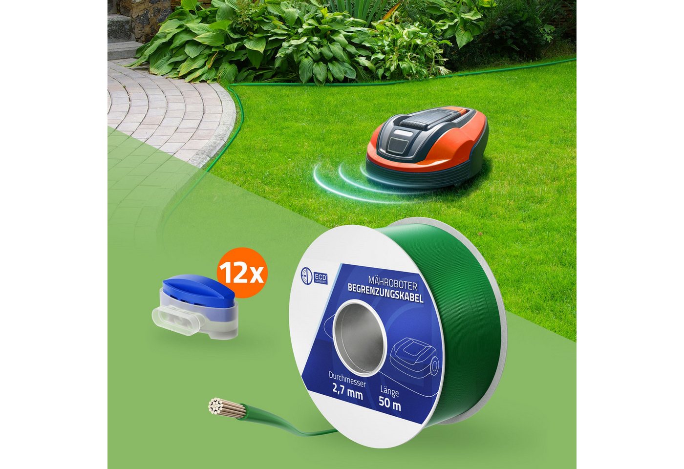 ECD Germany Universal Begrenzungsdraht aus Kupfer verzinnt für Mähroboter Begrenzungskabel, (500 cm), Kabel für Rasenmäher Rasenroboter Grün mit 12 Kabelverbinder grün ECD Germany Universal Begrenzungsdraht aus Kupfer verzinnt für Mähroboter Begrenzungskabel, (500 cm), Kabel für Rasenmäher Rasenroboter Grün mit 12 Kabelverbinder grün