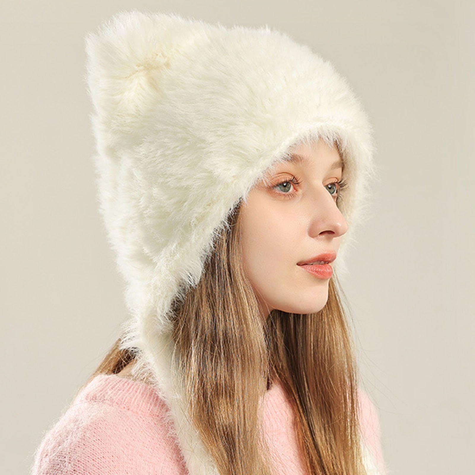 Kunstpelz Hut für Pullover Weiß Hut) Wintermützen Beanie Rutaqian (Cartoon Frauen Fellimitatmützen Haar Katzenohren